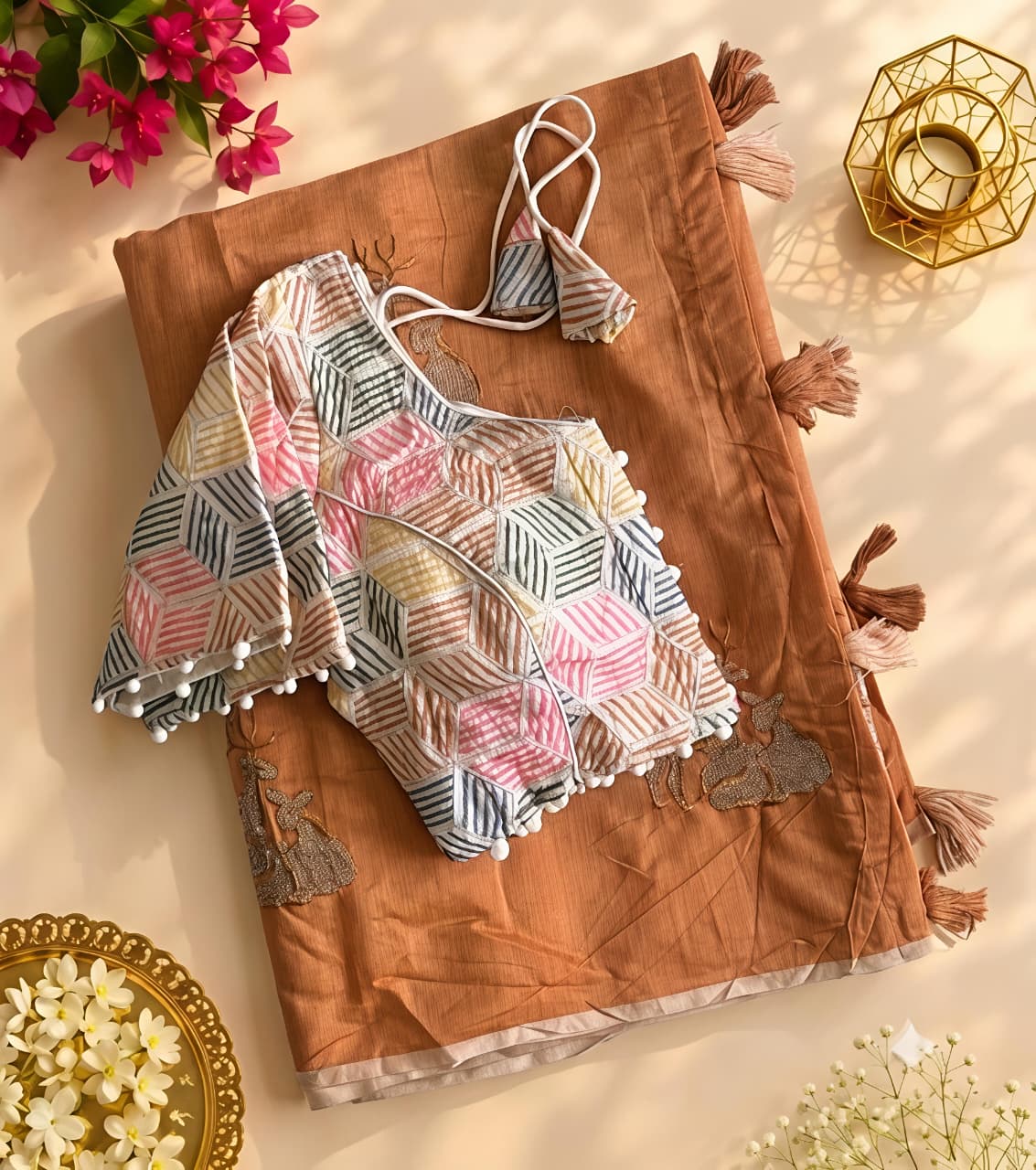 New Chanderi Cotton Embroidery n Tussels Work Fancy Designer Festive Wear Saree With Stitched Blouse