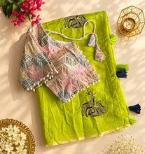 Load image into Gallery viewer, New Chanderi Cotton Embroidery n Tussels Work Fancy Designer Festive Wear Saree With Stitched Blouse
