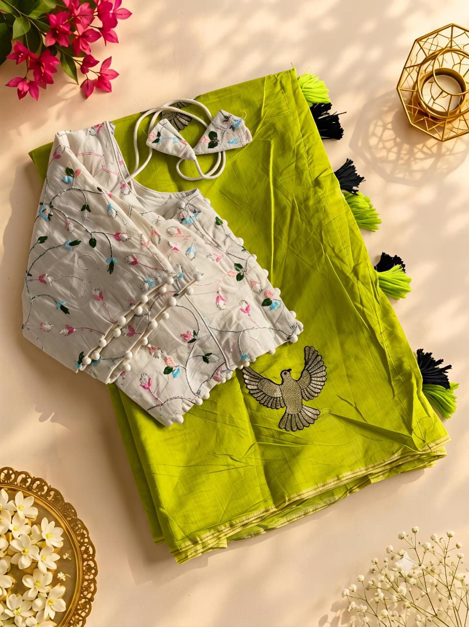 New Chanderi Cotton Embroidery n Tussels Work Fancy Designer Festive Wear Saree With Stitched Blouse