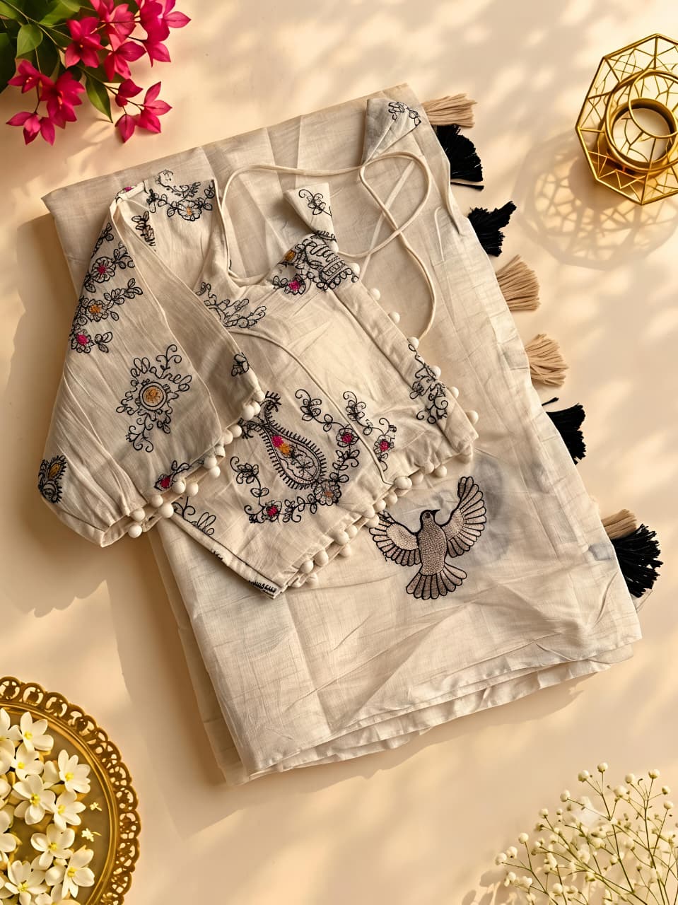New Chanderi Cotton Embroidery n Tussels Work Fancy Designer Festive Wear Saree With Stitched Blouse