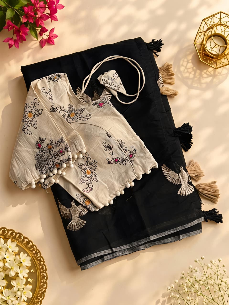 New Chanderi Cotton Embroidery n Tussels Work Fancy Designer Festive Wear Saree With Stitched Blouse