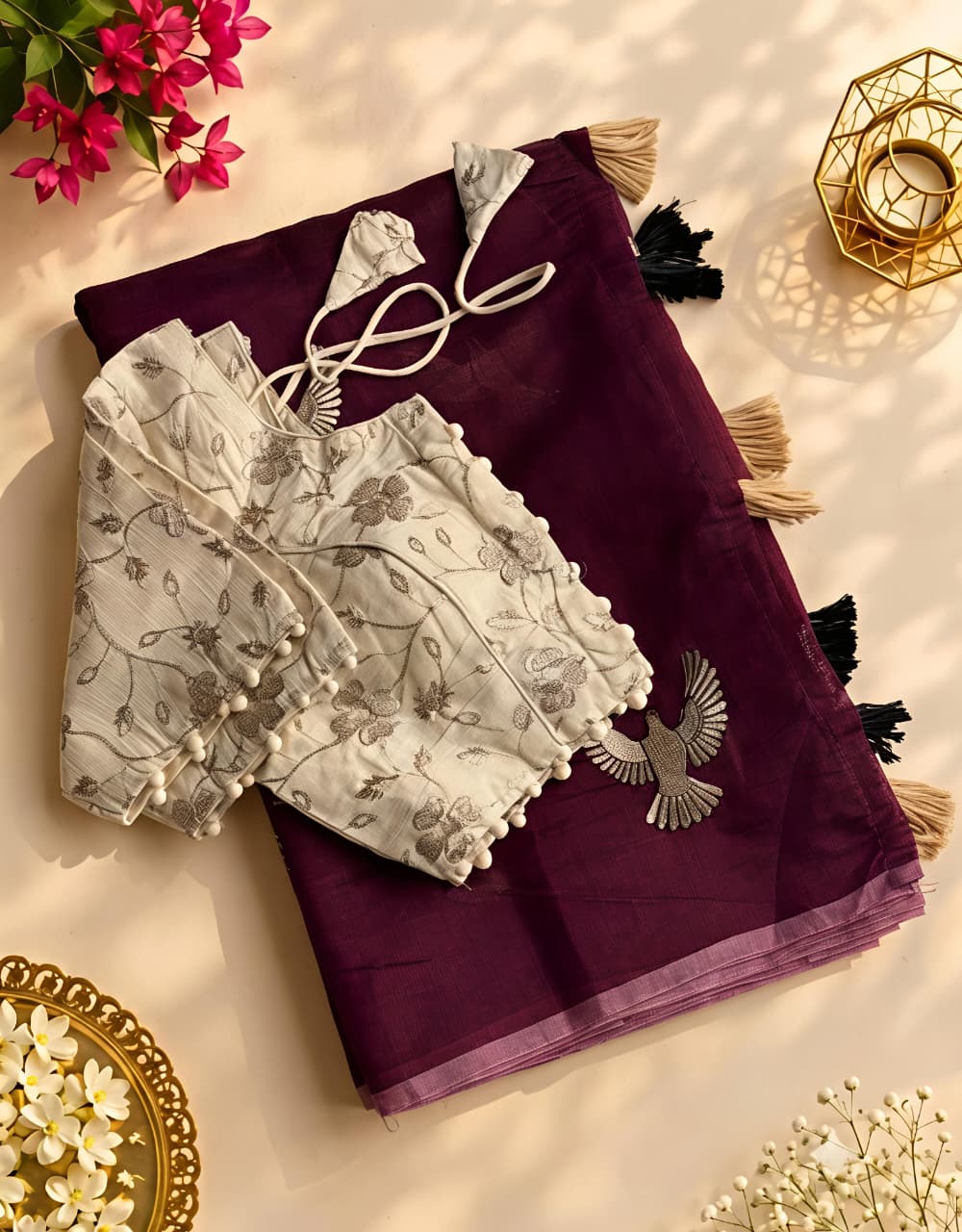New Chanderi Cotton Embroidery n Tussels Work Fancy Designer Festive Wear Saree With Stitched Blouse