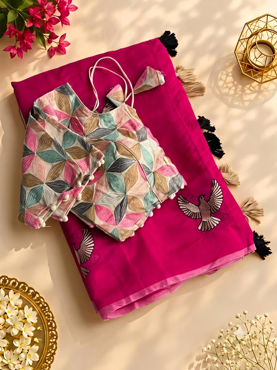New Chanderi Cotton Embroidery n Tussels Work Fancy Designer Festive Wear Saree With Stitched Blouse