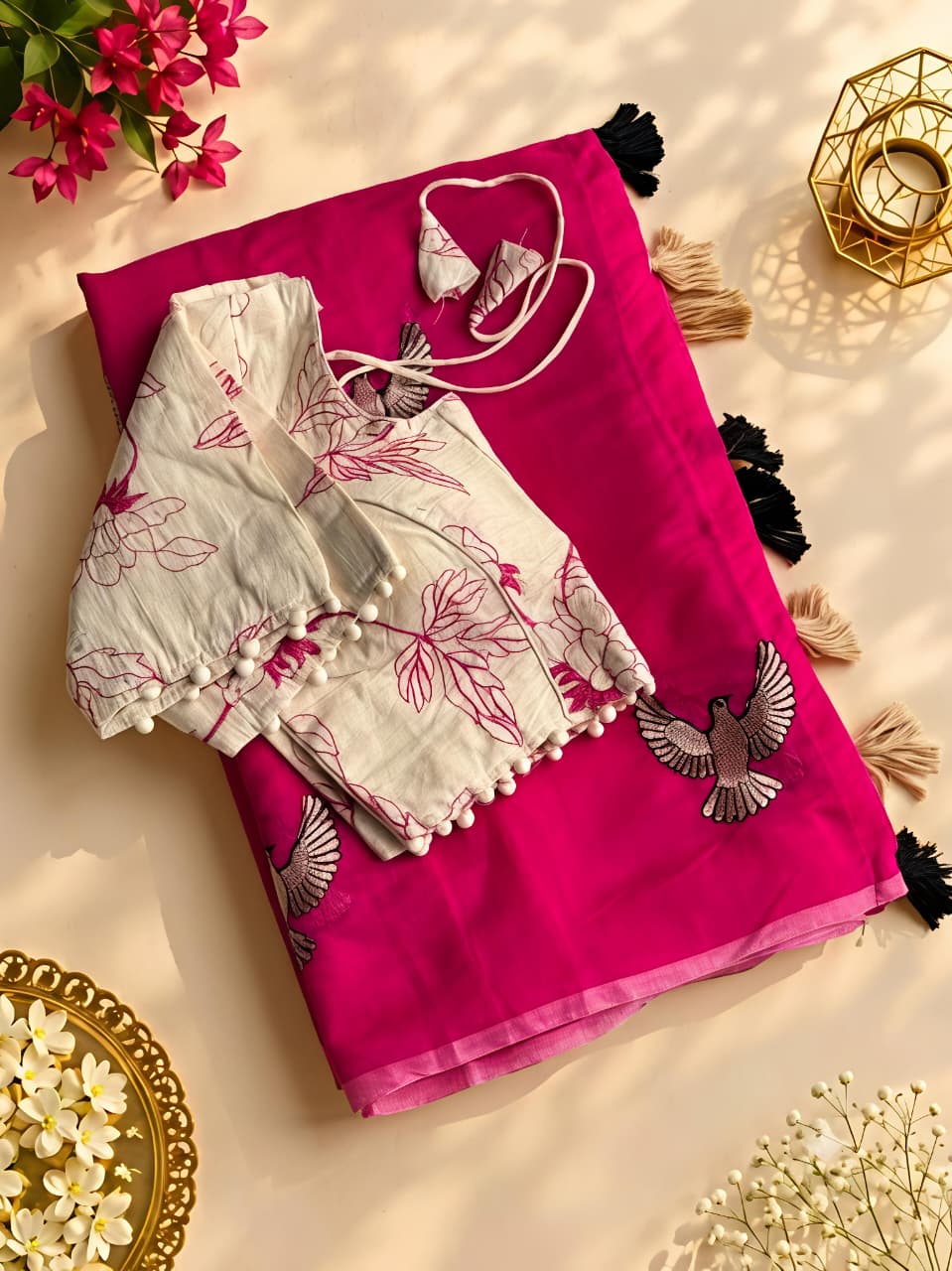 New Chanderi Cotton Embroidery n Tussels Work Fancy Designer Festive Wear Saree With Stitched Blouse