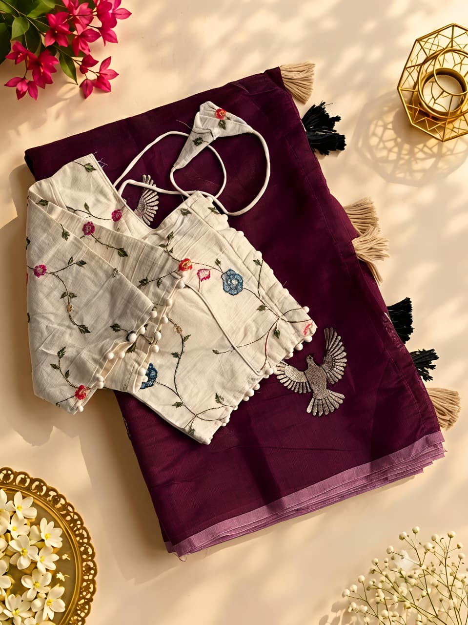 New Chanderi Cotton Embroidery n Tussels Work Fancy Designer Festive Wear Saree With Stitched Blouse
