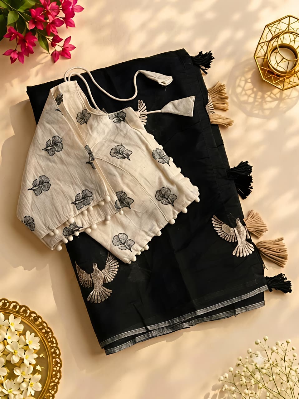 New Chanderi Cotton Embroidery n Tussels Work Fancy Designer Festive Wear Saree With Stitched Blouse