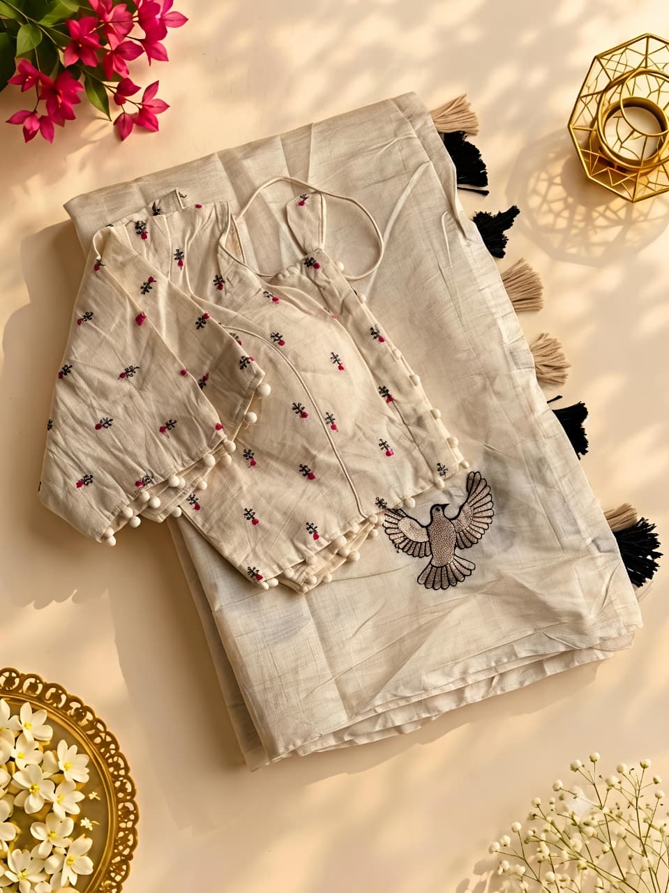 New Chanderi Cotton Embroidery n Tussels Work Fancy Designer Festive Wear Saree With Stitched Blouse