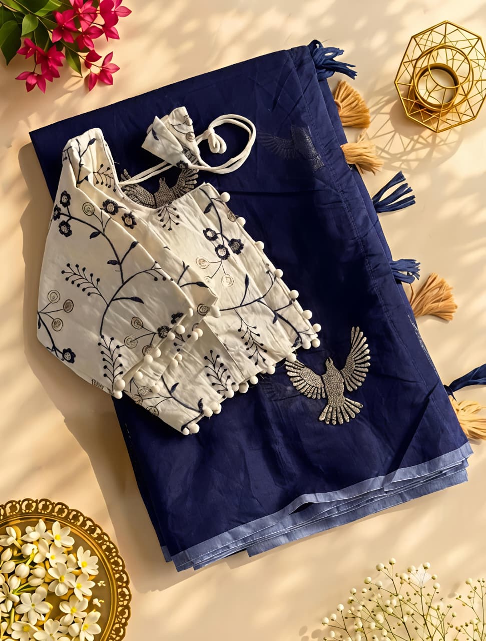 New Chanderi Cotton Embroidery n Tussels Work Fancy Designer Festive Wear Saree With Stitched Blouse