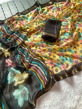 Load image into Gallery viewer, Exuberant Party Wear Soft Silk Floral Print Jacquard Border Rich Pallu Fancy Saree With Contrast Blouse Piece
