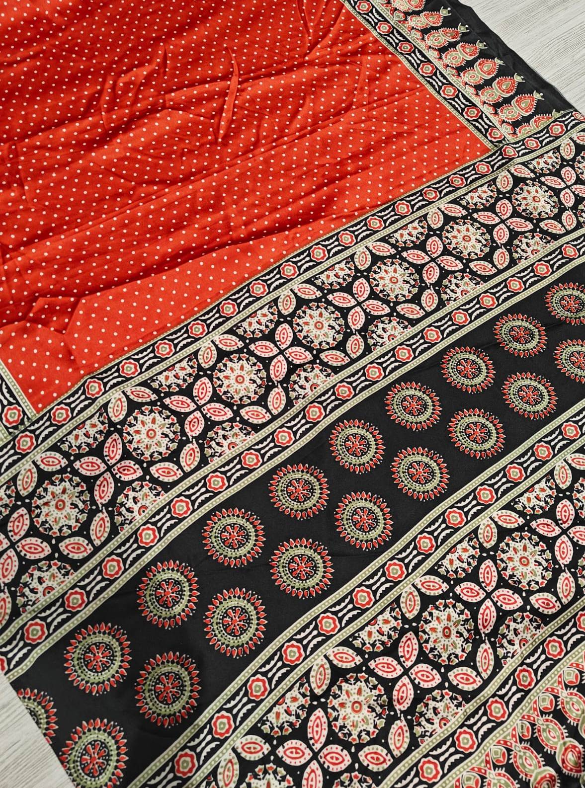 New Festive Wear Pure Satin Silk Ajrak Printed Rich Pallu n Tussles Work Fancy Saree