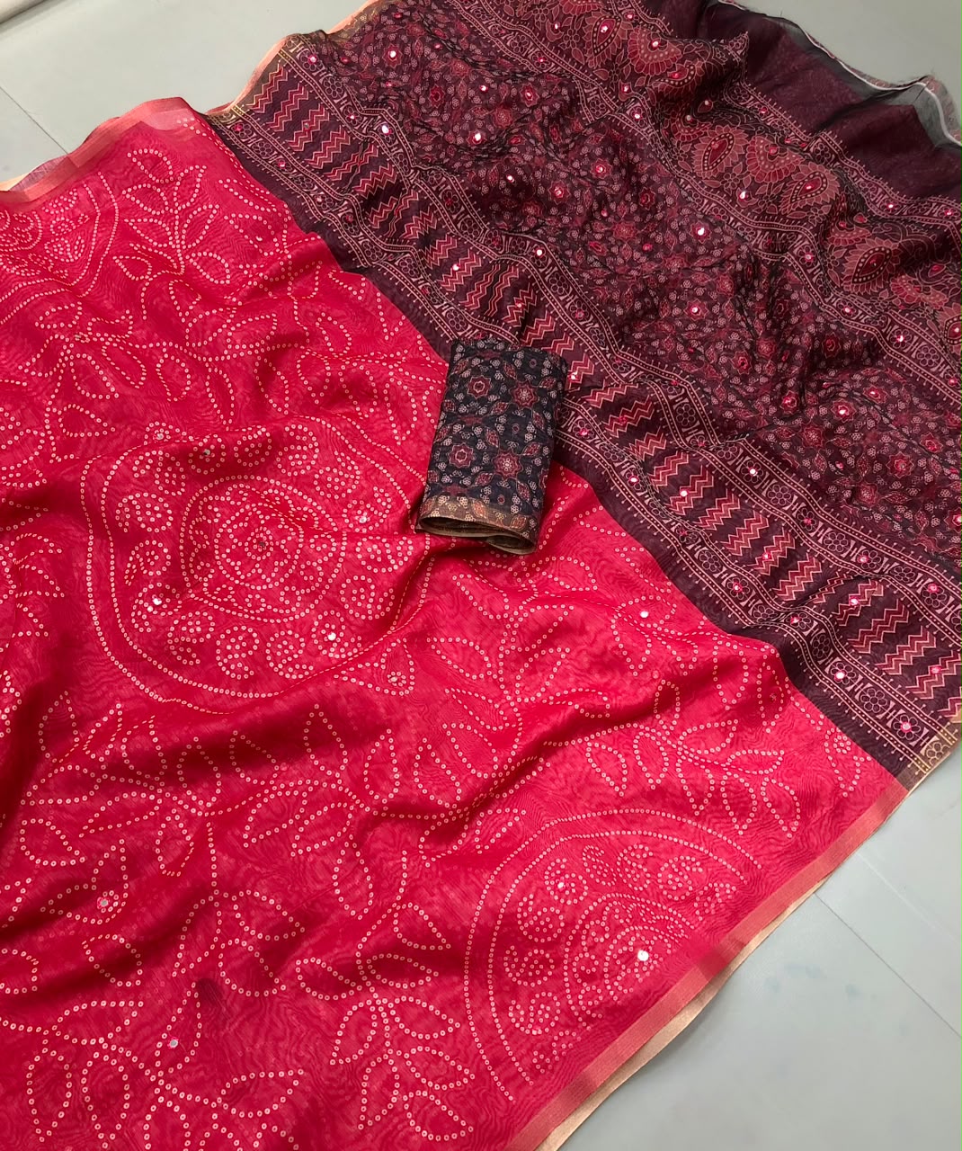 Charming Party Wear Chanderi Silk Leaf Design Embroidery n Foil Mirror Work Designer Saree With Blouse Piece
