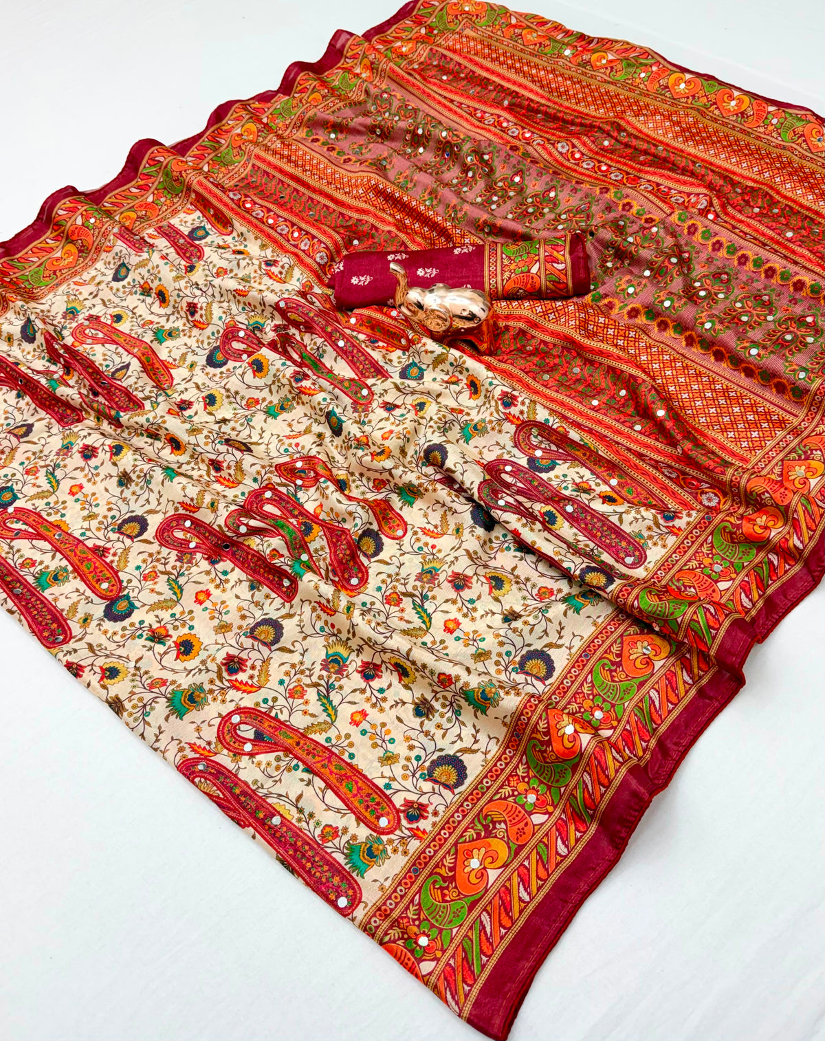 Exuberant Function Wear Chinnon Silk Heavy Mirror n Latkan Pallu Fancy Saree With Blouse Piece