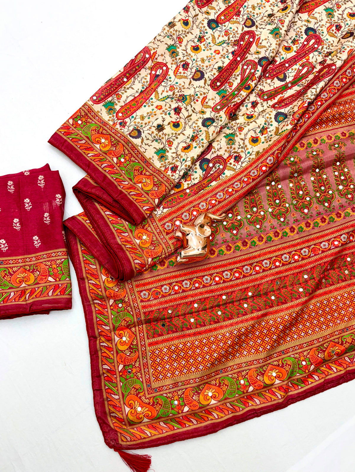 Exuberant Function Wear Chinnon Silk Heavy Mirror n Latkan Pallu Fancy Saree With Blouse Piece