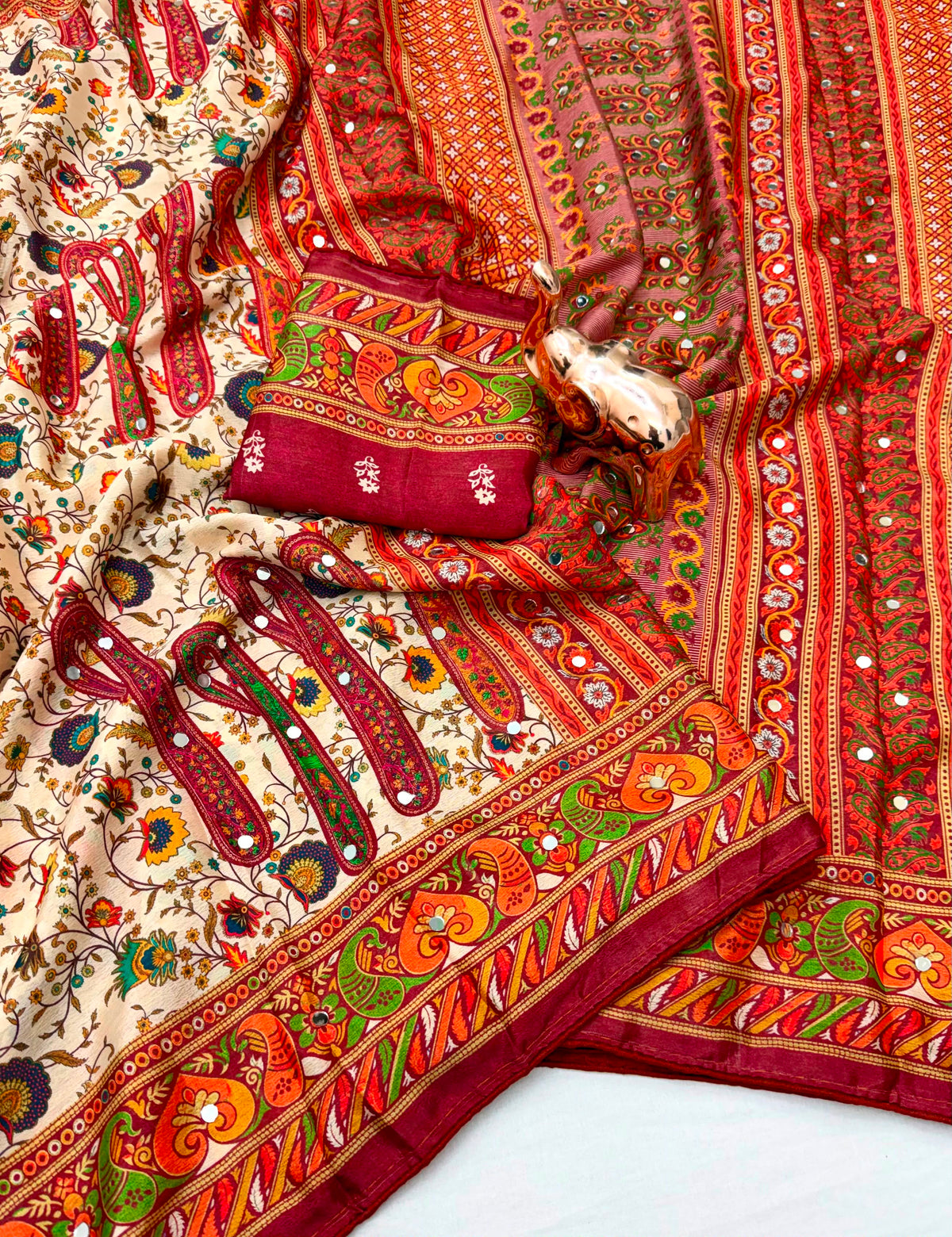 Exuberant Function Wear Chinnon Silk Heavy Mirror n Latkan Pallu Fancy Saree With Blouse Piece