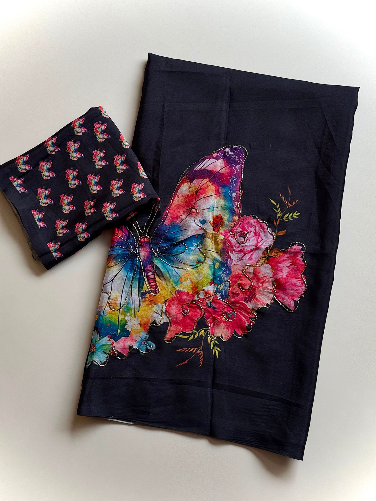 Adorning Party Wear Pure Chinon Handwork Fancy Saree With Blouse Piece