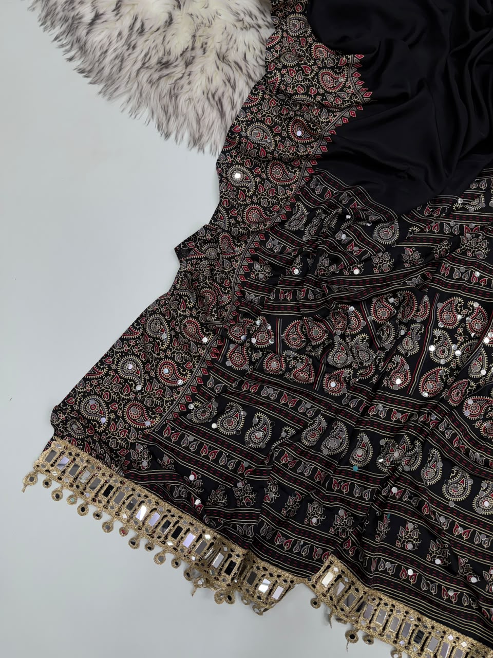 Glamorous Function Wear Pure Satin Silk Ajrak Printed Rich Pallu n Mirror Work Designer Saree With Blouse Piece