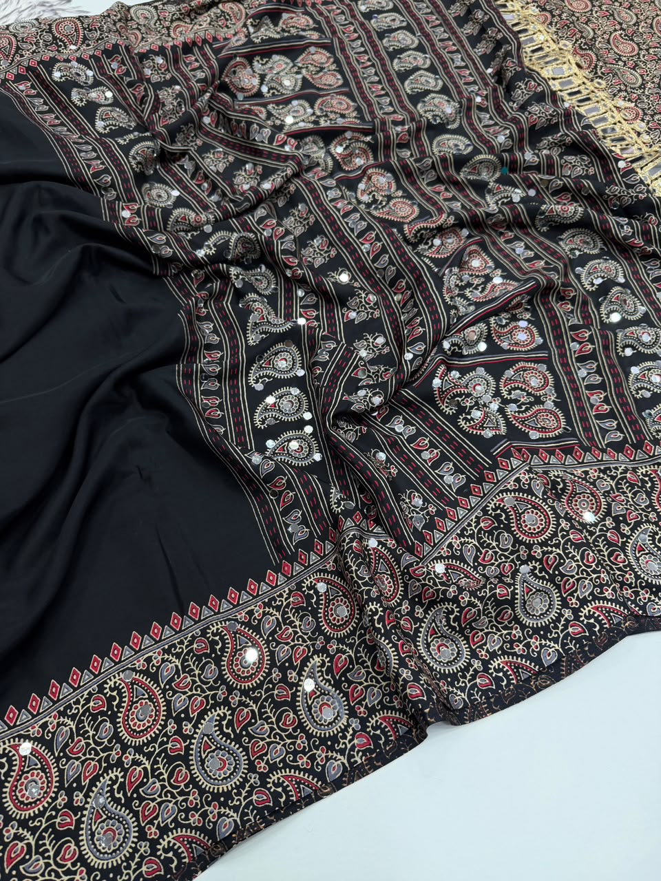 Glamorous Function Wear Pure Satin Silk Ajrak Printed Rich Pallu n Mirror Work Designer Saree With Blouse Piece