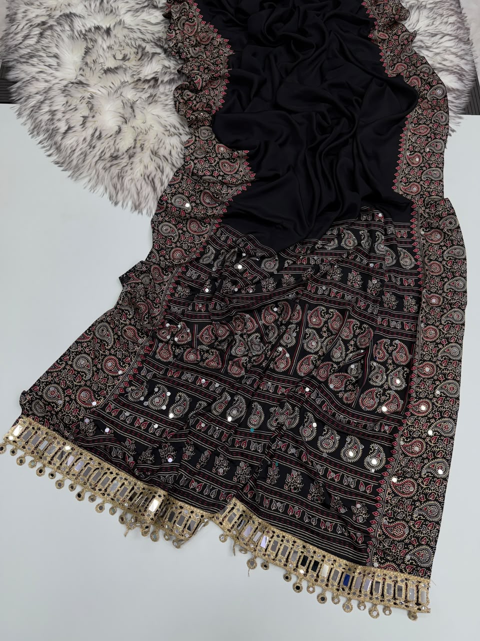 Glamorous Function Wear Pure Satin Silk Ajrak Printed Rich Pallu n Mirror Work Designer Saree With Blouse Piece