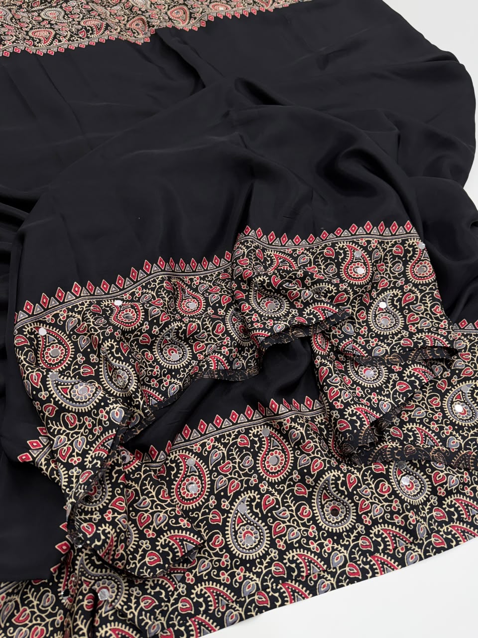 Glamorous Function Wear Pure Satin Silk Ajrak Printed Rich Pallu n Mirror Work Designer Saree With Blouse Piece