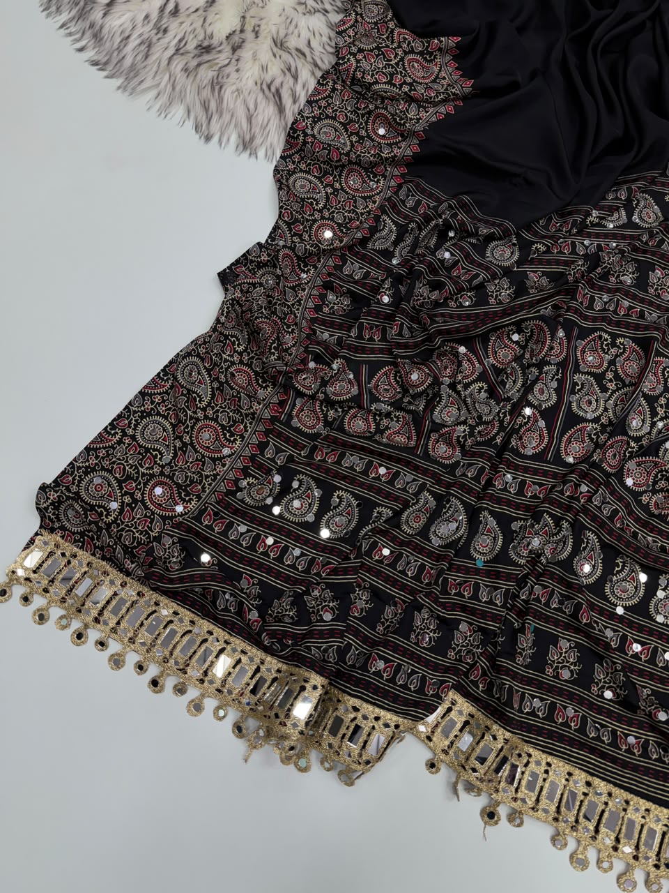 Glamorous Function Wear Pure Satin Silk Ajrak Printed Rich Pallu n Mirror Work Designer Saree With Blouse Piece