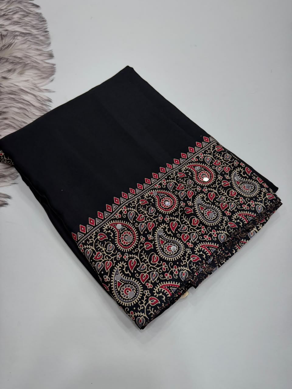 Glamorous Function Wear Pure Satin Silk Ajrak Printed Rich Pallu n Mirror Work Designer Saree With Blouse Piece