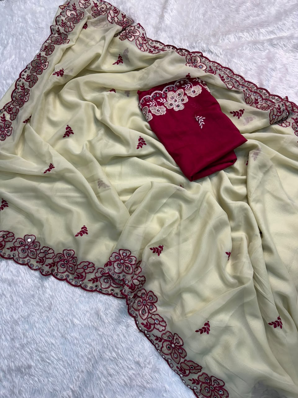 Alverina Wedding  Wear Silk Embroidery Thread n Mirror Work Fancy Saree With Contrast Blouse Piece