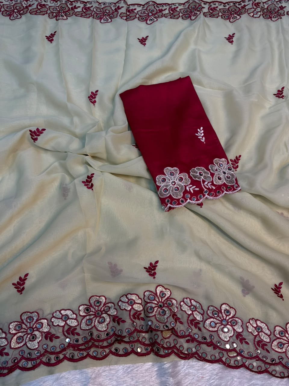Alverina Wedding  Wear Silk Embroidery Thread n Mirror Work Fancy Saree With Contrast Blouse Piece