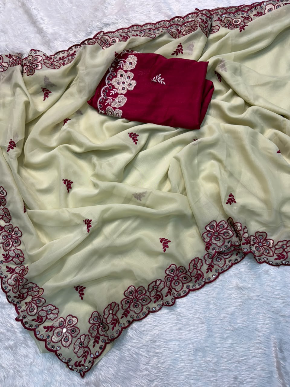 Alverina Wedding  Wear Silk Embroidery Thread n Mirror Work Fancy Saree With Contrast Blouse Piece