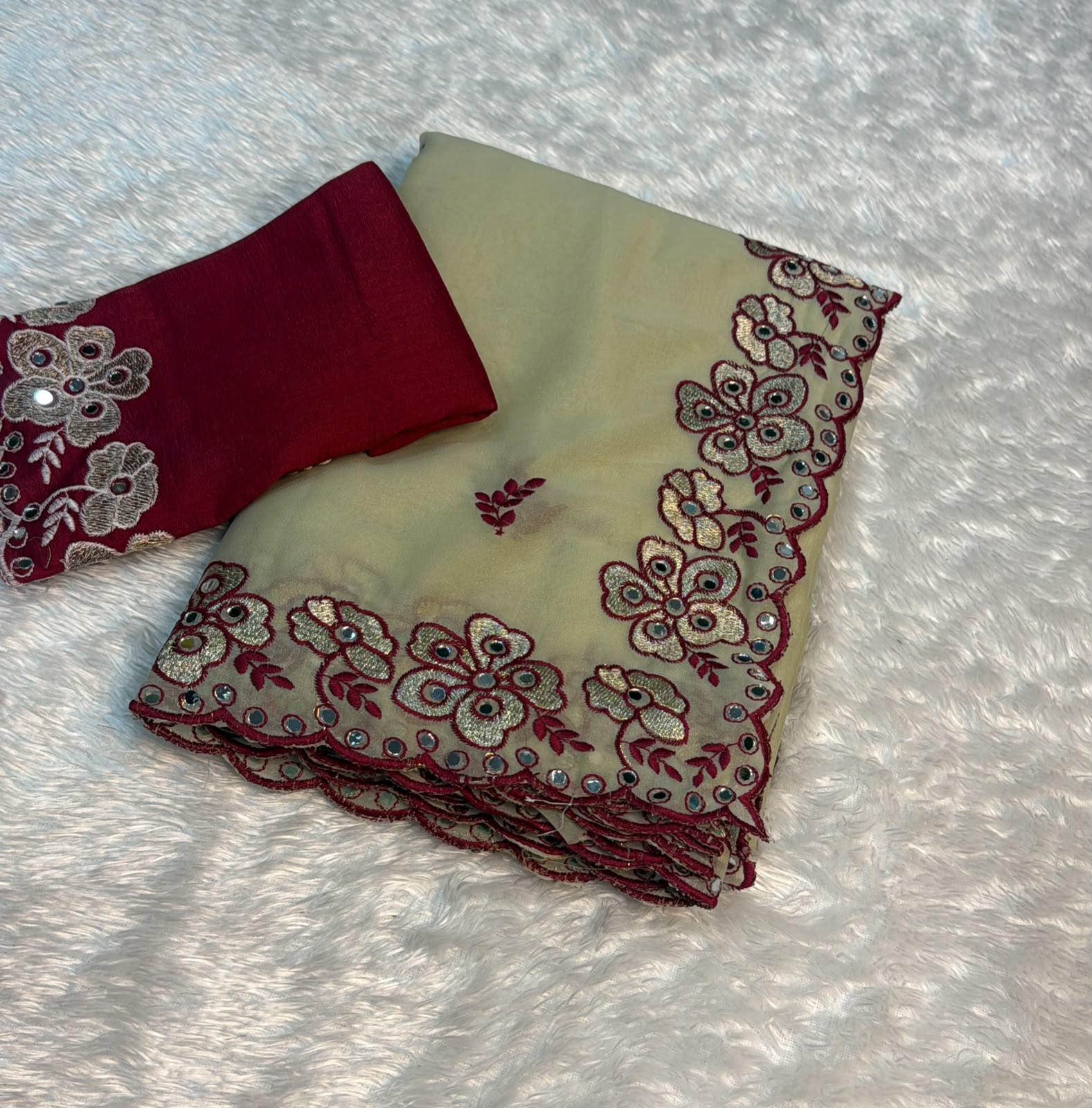 Alverina Wedding  Wear Silk Embroidery Thread n Mirror Work Fancy Saree With Contrast Blouse Piece