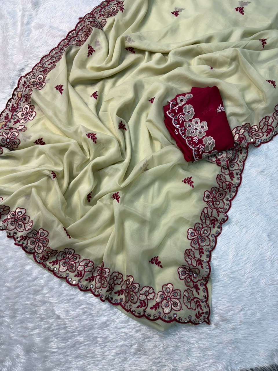 Alverina Wedding  Wear Silk Embroidery Thread n Mirror Work Fancy Saree With Contrast Blouse Piece