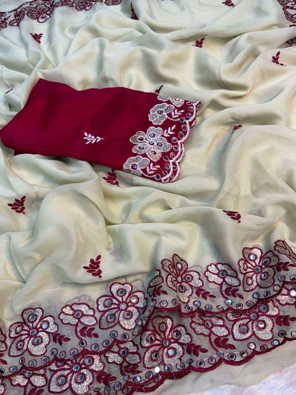 Alverina Wedding  Wear Silk Embroidery Thread n Mirror Work Fancy Saree With Contrast Blouse Piece