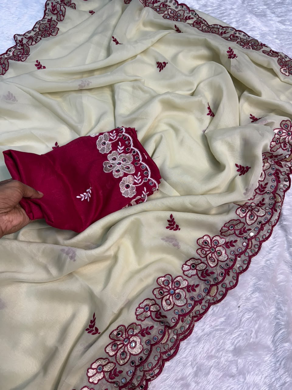 Alverina Wedding  Wear Silk Embroidery Thread n Mirror Work Fancy Saree With Contrast Blouse Piece