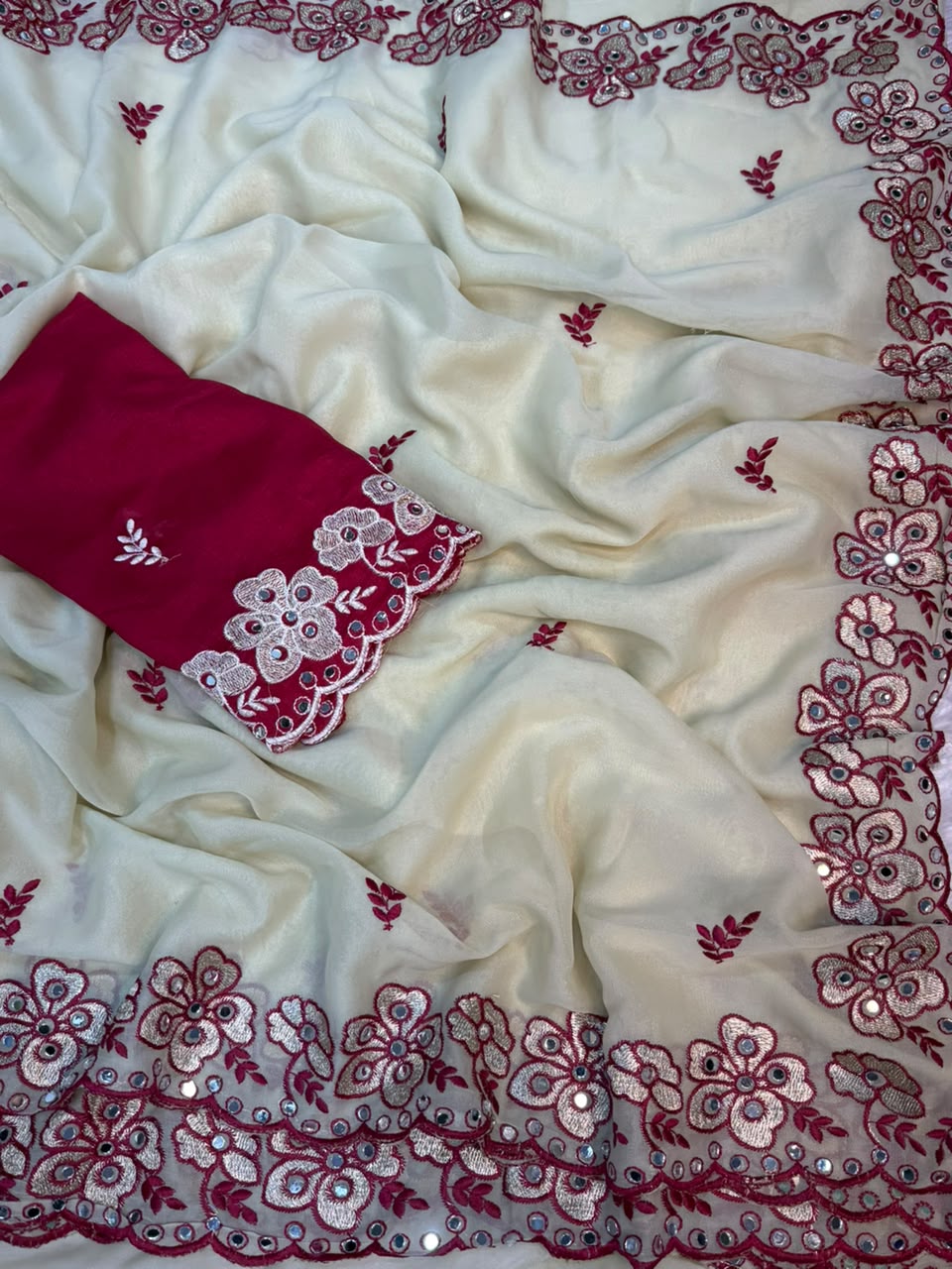 Alverina Wedding  Wear Silk Embroidery Thread n Mirror Work Fancy Saree With Contrast Blouse Piece
