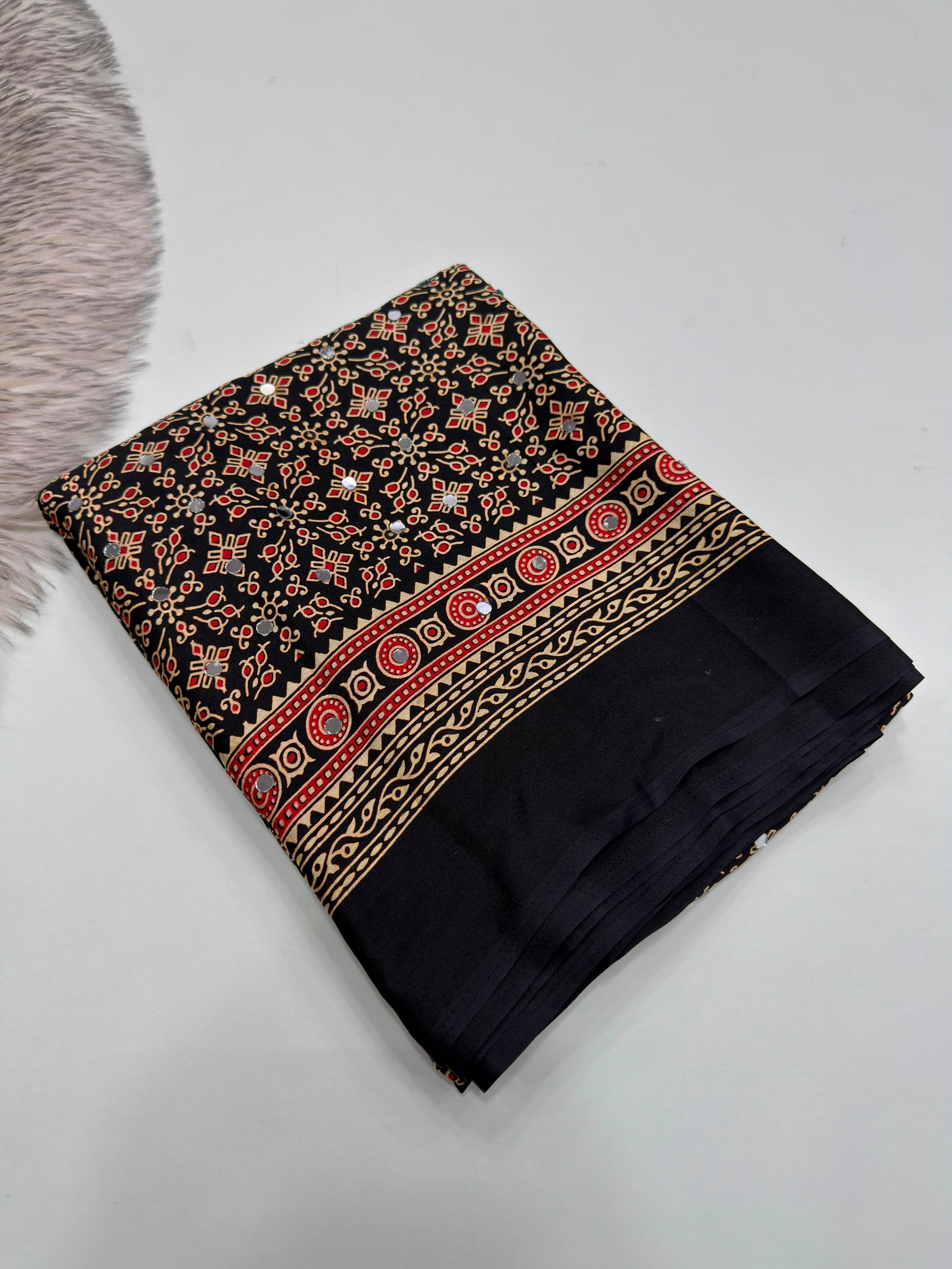 Exuberant Party Wear Pure Satin Silk Ajrak Printed Rich Pallu n Original Mirror Work Fancy Saree With Blouse Piece