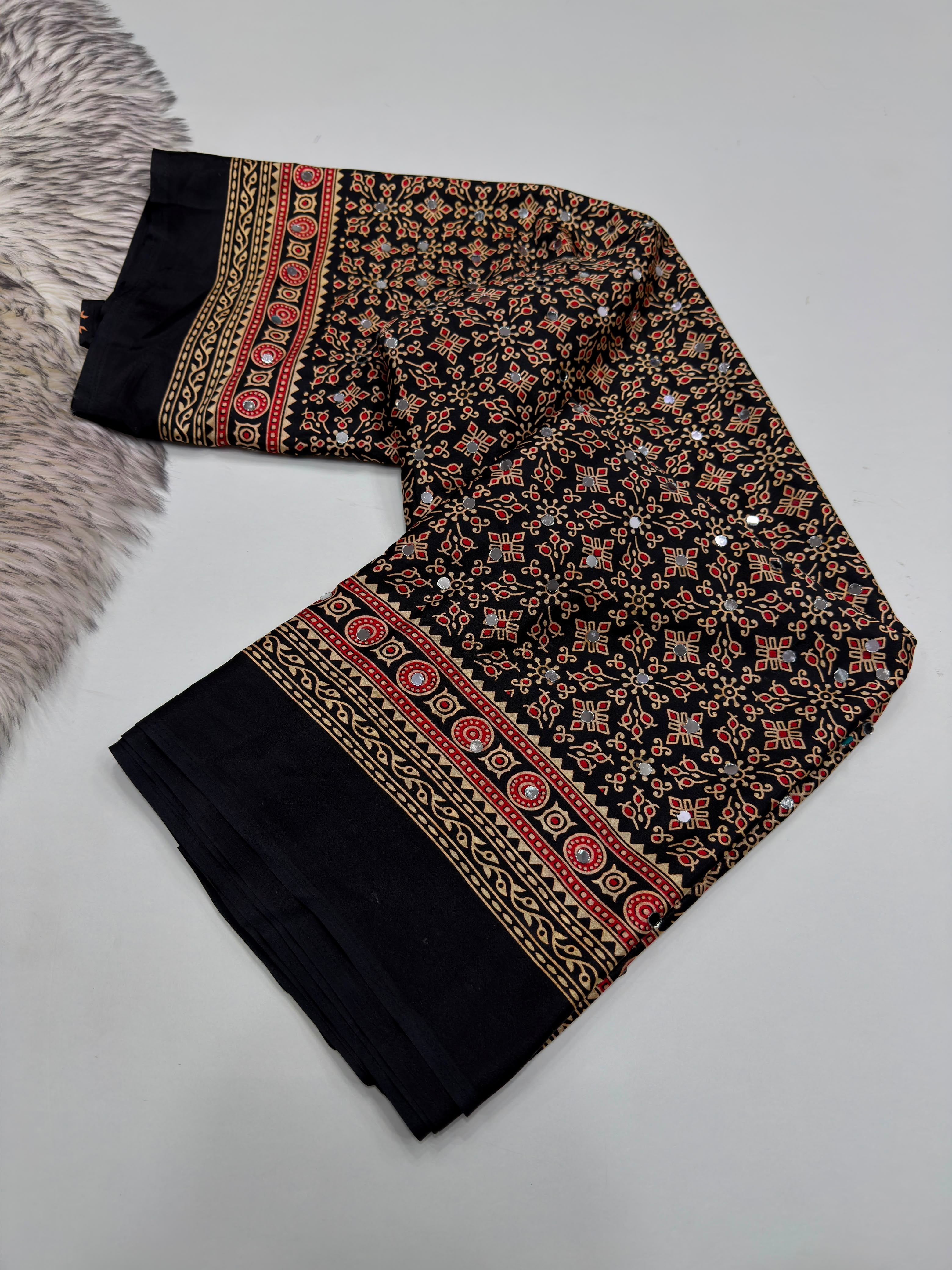 Exuberant Party Wear Pure Satin Silk Ajrak Printed Rich Pallu n Original Mirror Work Fancy Saree With Blouse Piece