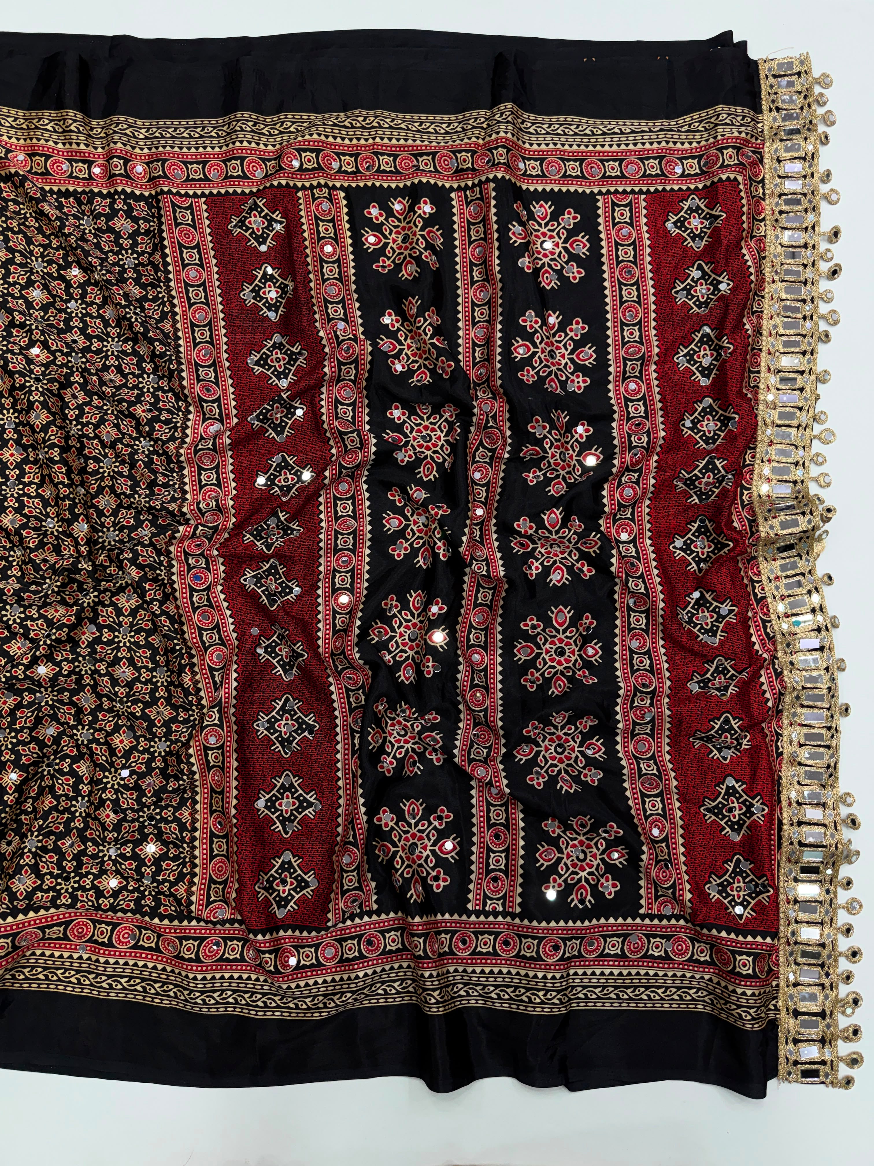 Exuberant Party Wear Pure Satin Silk Ajrak Printed Rich Pallu n Original Mirror Work Fancy Saree With Blouse Piece