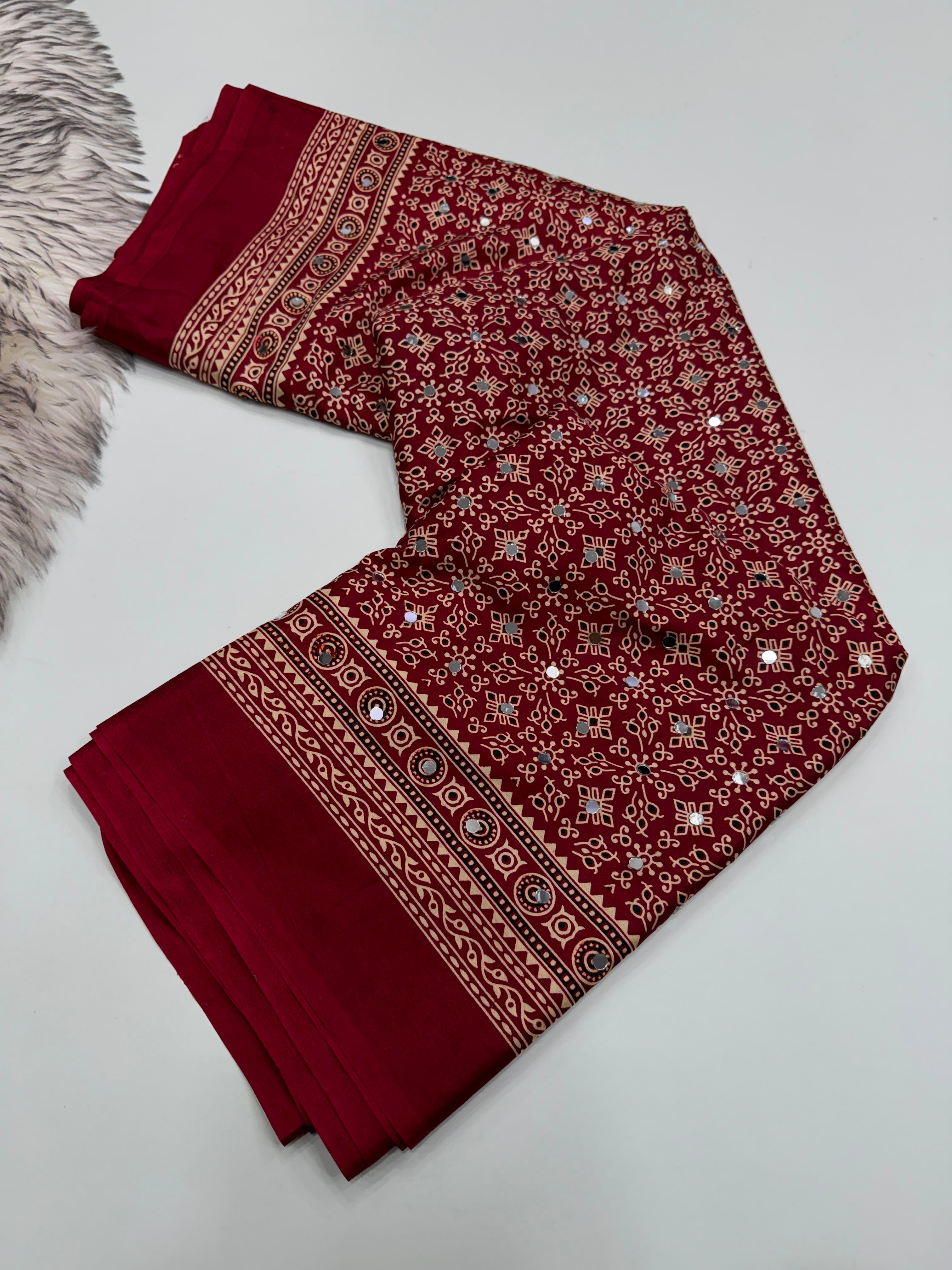 Exuberant Party Wear Pure Satin Silk Ajrak Printed Rich Pallu n Original Mirror Work Fancy Saree With Blouse Piece