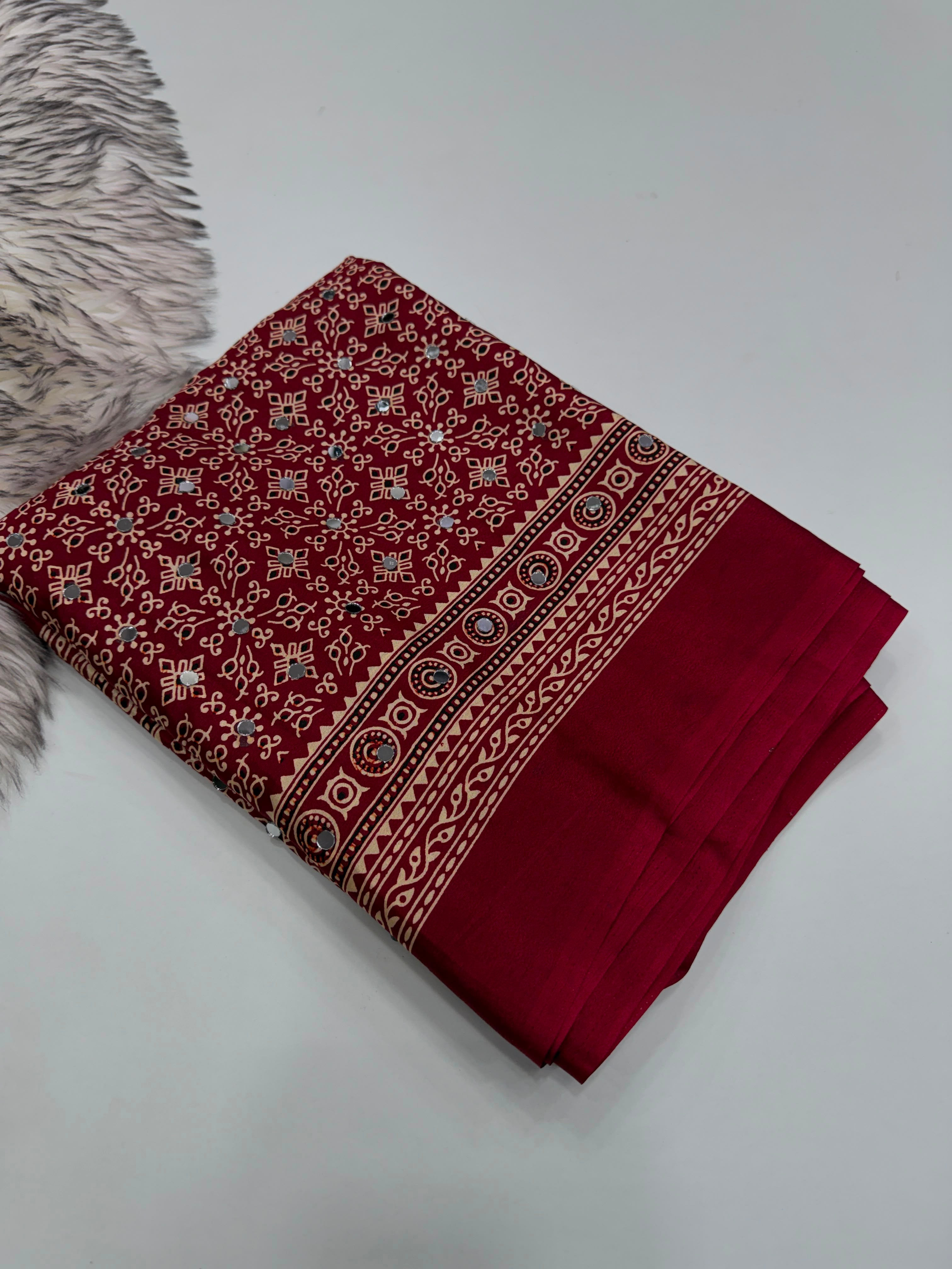Exuberant Party Wear Pure Satin Silk Ajrak Printed Rich Pallu n Original Mirror Work Fancy Saree With Blouse Piece