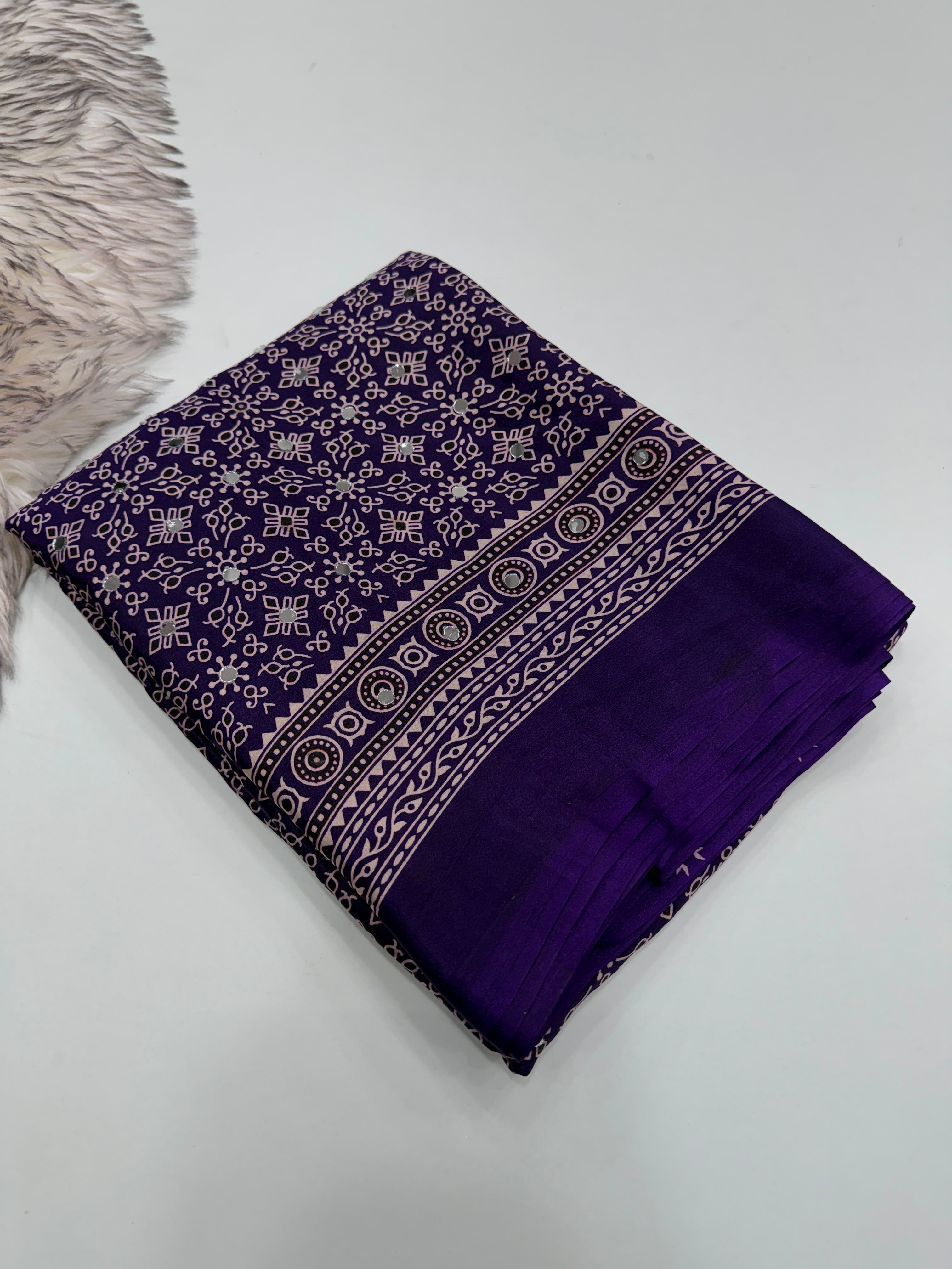 Exuberant Party Wear Pure Satin Silk Ajrak Printed Rich Pallu n Original Mirror Work Fancy Saree With Blouse Piece