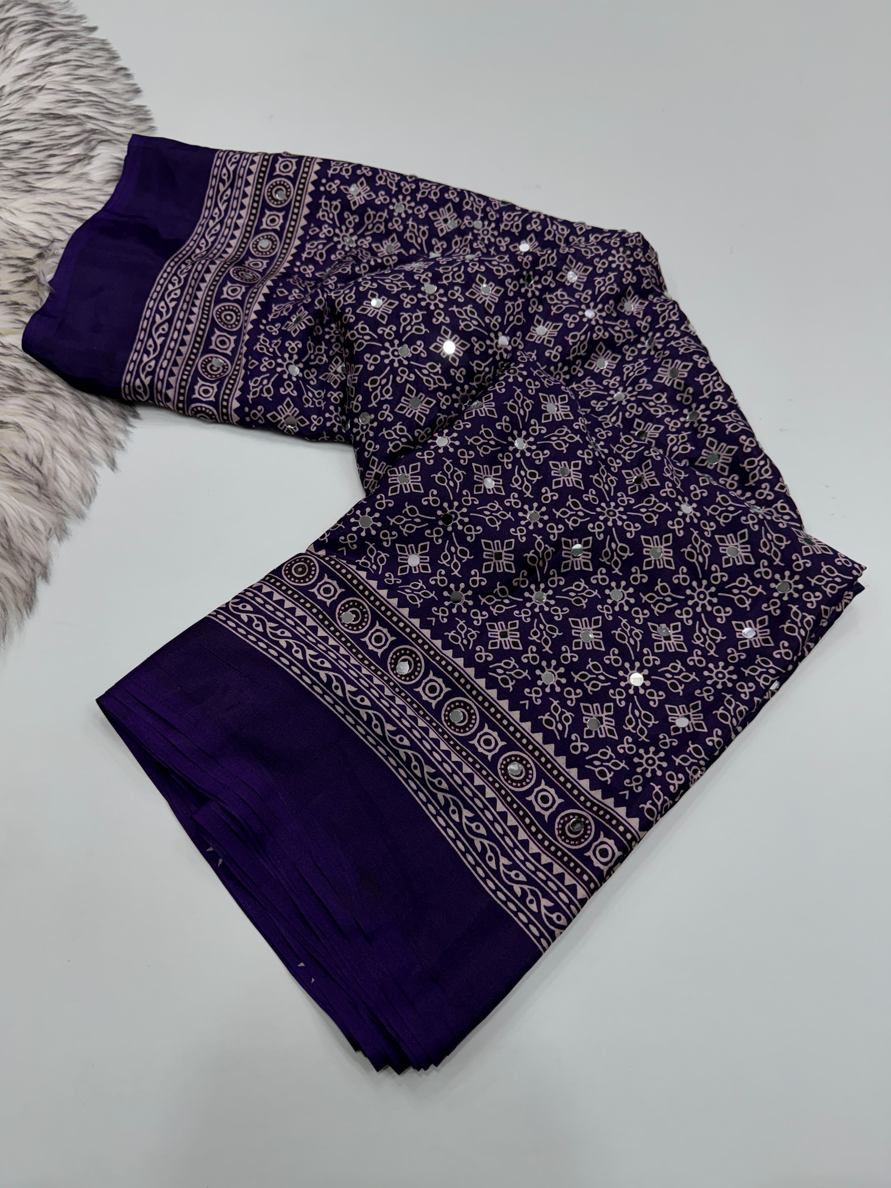 Exuberant Party Wear Pure Satin Silk Ajrak Printed Rich Pallu n Original Mirror Work Fancy Saree With Blouse Piece