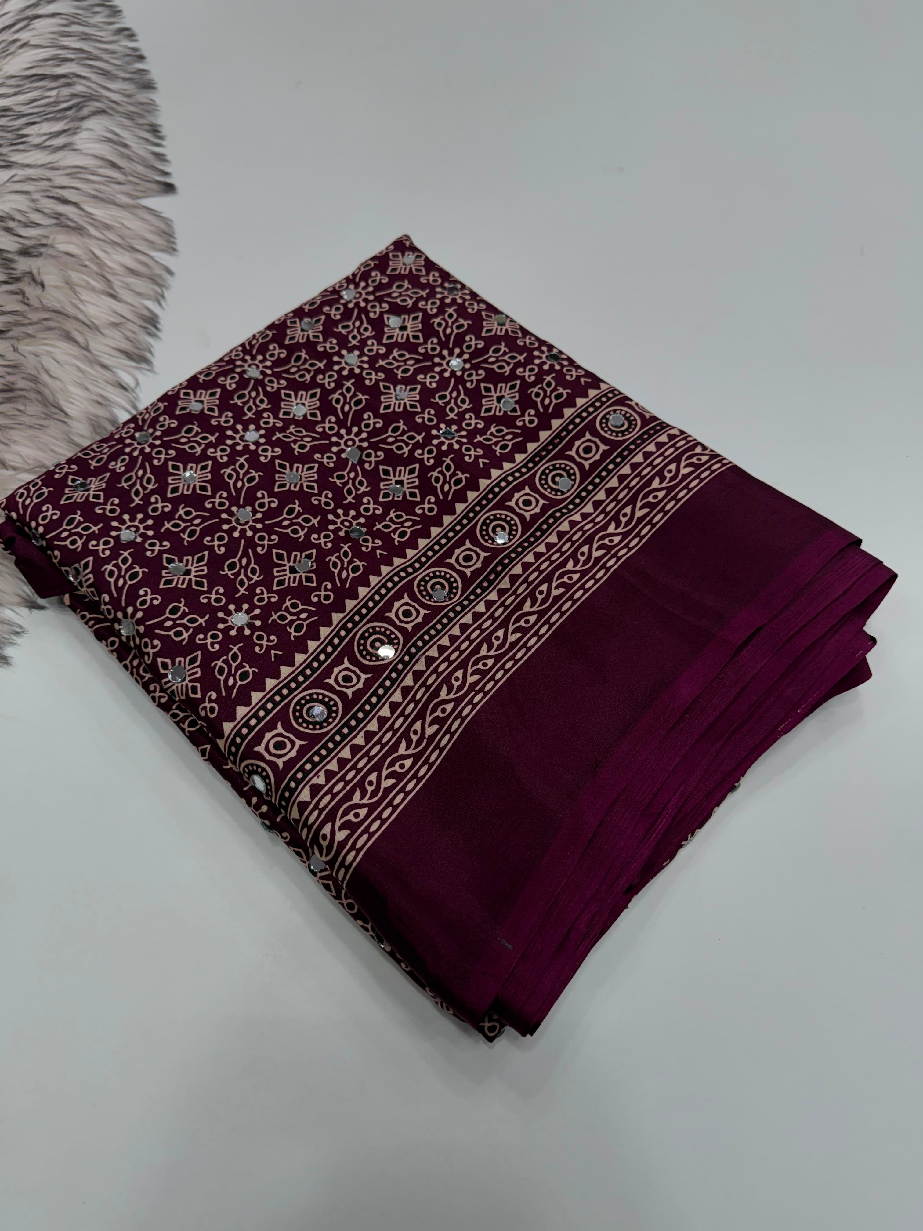 Exuberant Party Wear Pure Satin Silk Ajrak Printed Rich Pallu n Original Mirror Work Fancy Saree With Blouse Piece