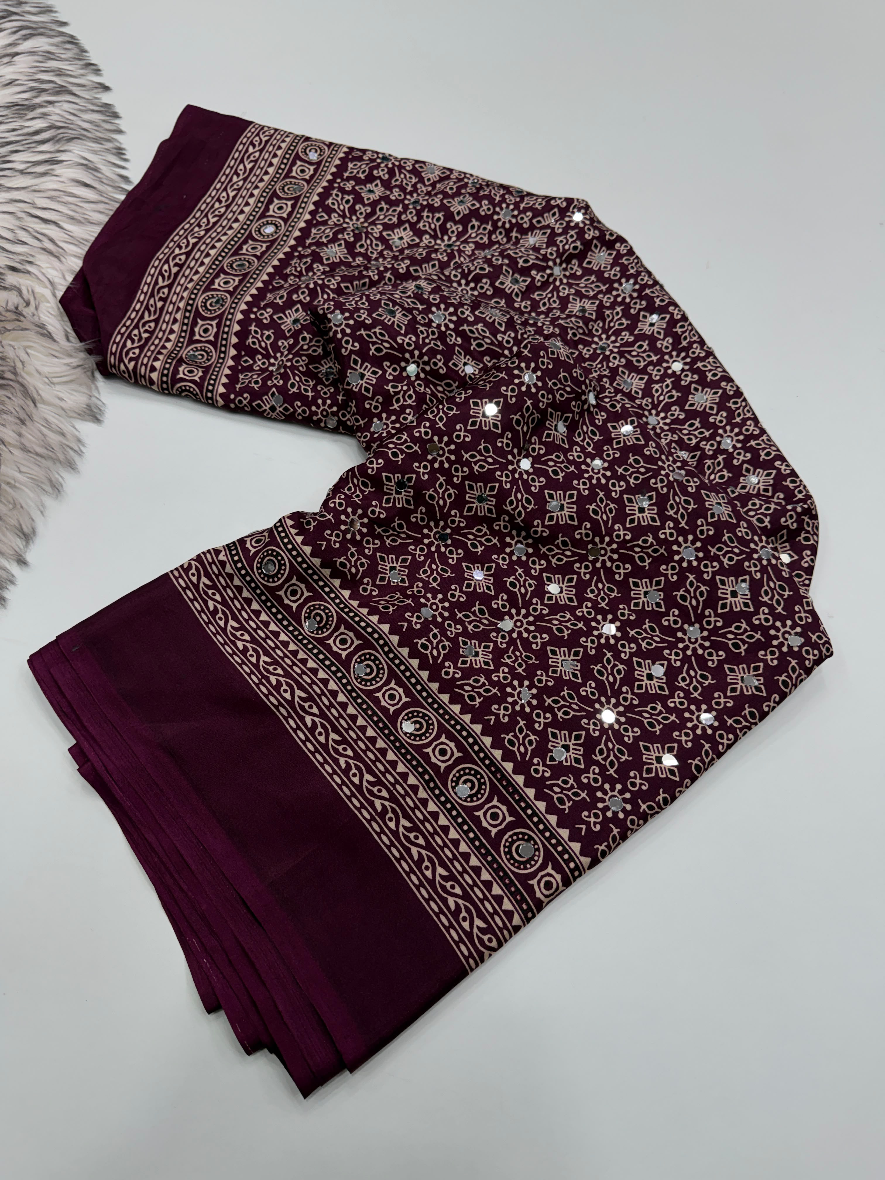 Exuberant Party Wear Pure Satin Silk Ajrak Printed Rich Pallu n Original Mirror Work Fancy Saree With Blouse Piece
