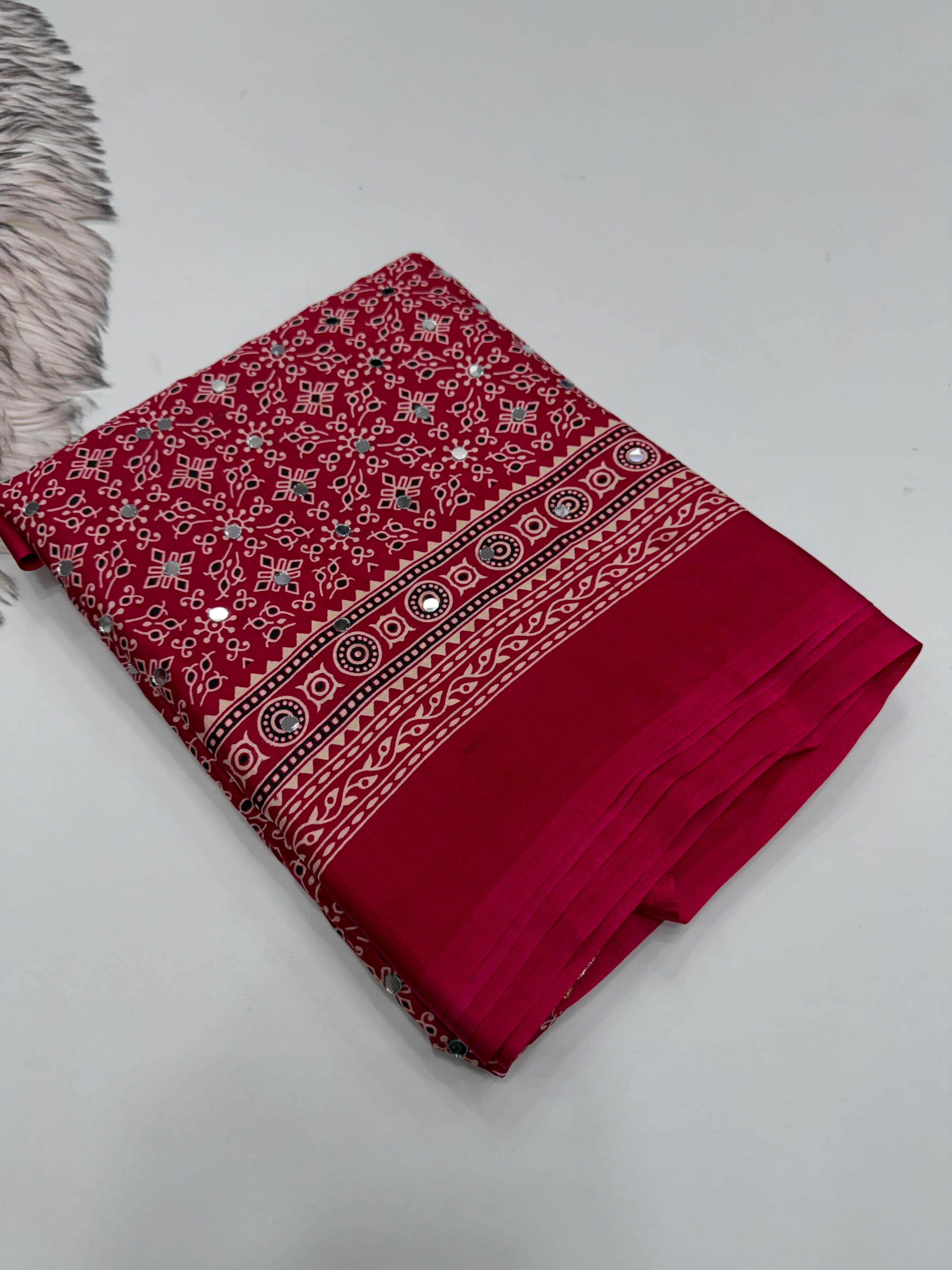 Exuberant Party Wear Pure Satin Silk Ajrak Printed Rich Pallu n Original Mirror Work Fancy Saree With Blouse Piece