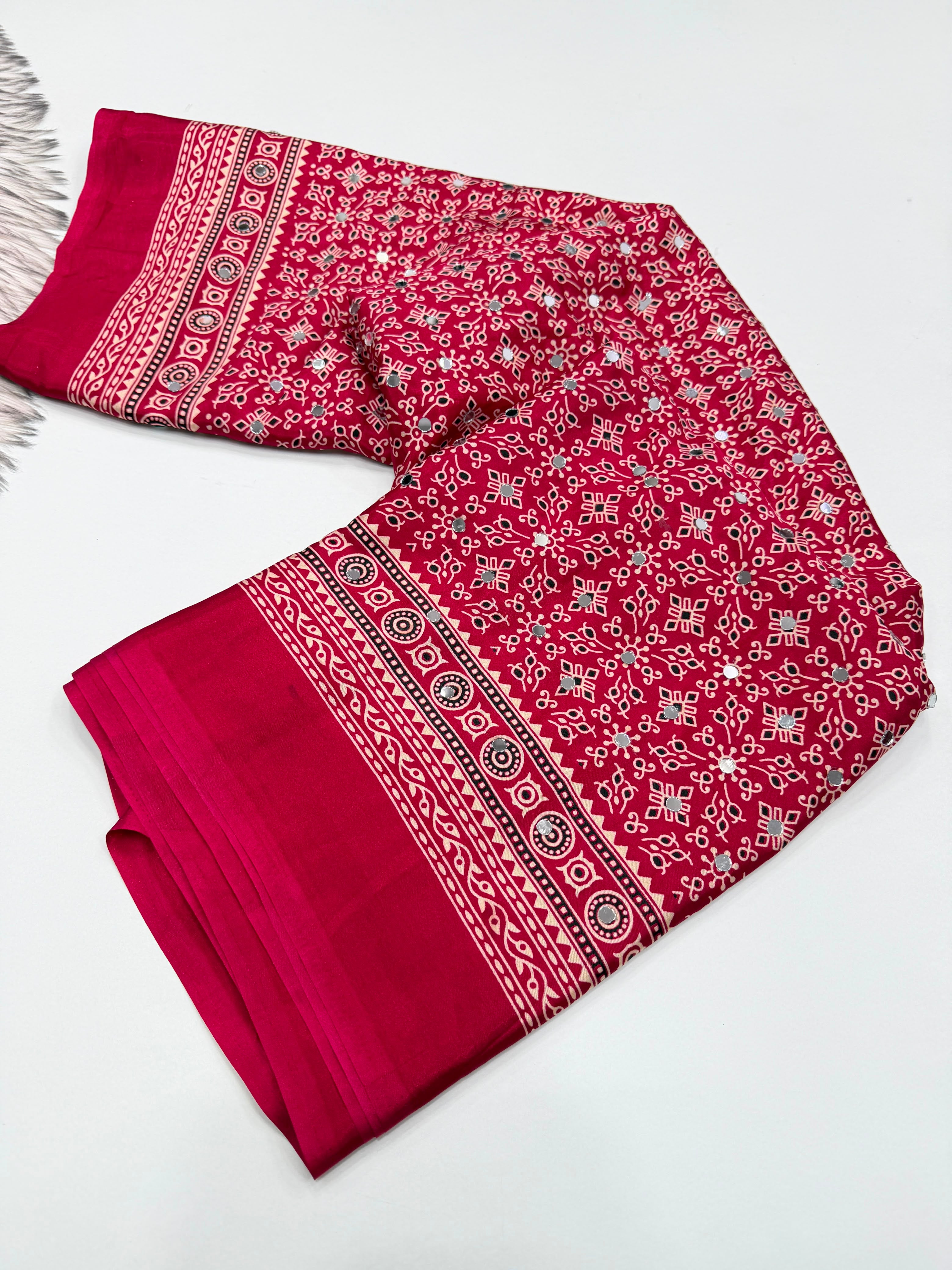 Exuberant Party Wear Pure Satin Silk Ajrak Printed Rich Pallu n Original Mirror Work Fancy Saree With Blouse Piece