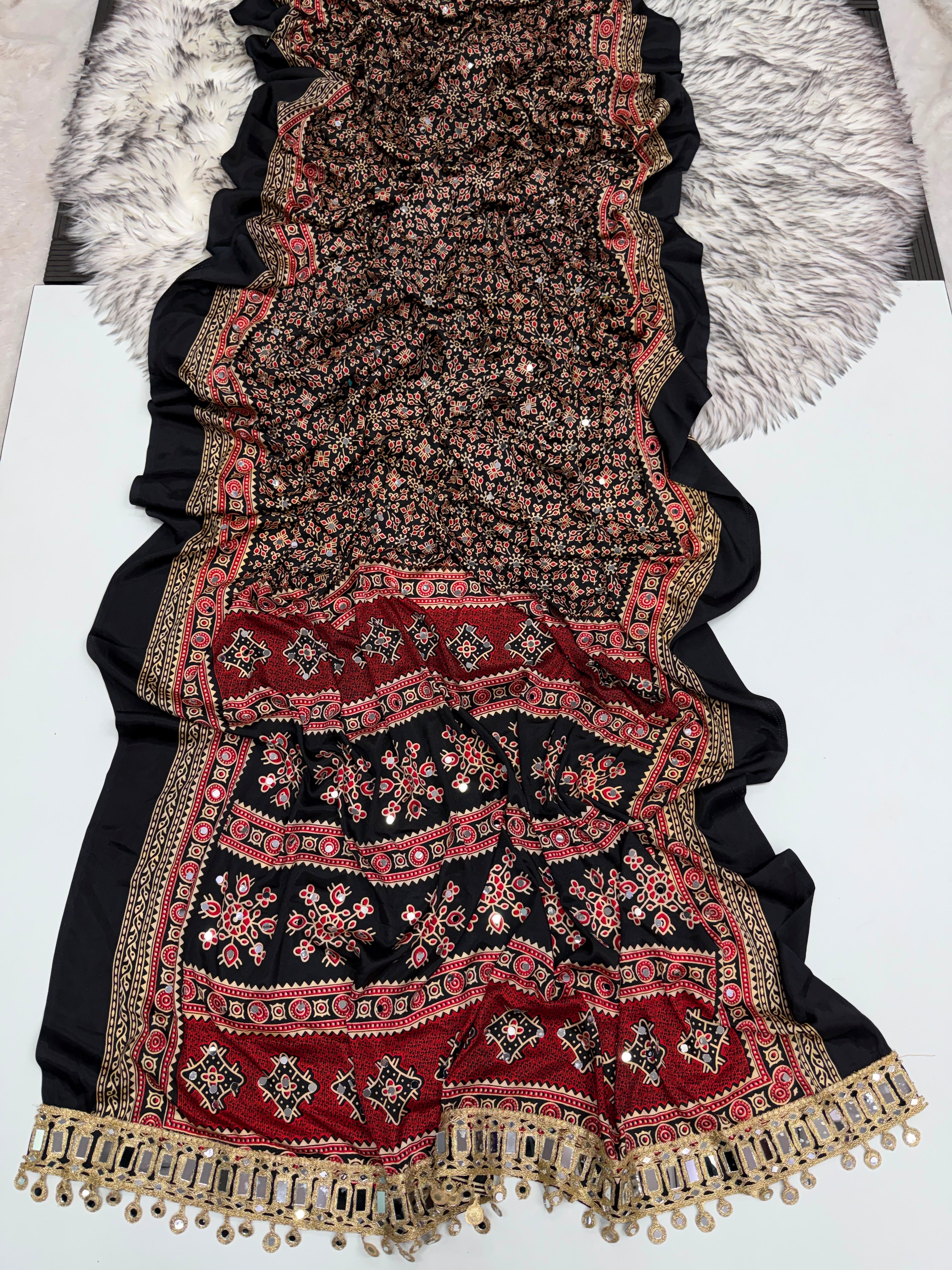 Exuberant Party Wear Pure Satin Silk Ajrak Printed Rich Pallu n Original Mirror Work Fancy Saree With Blouse Piece