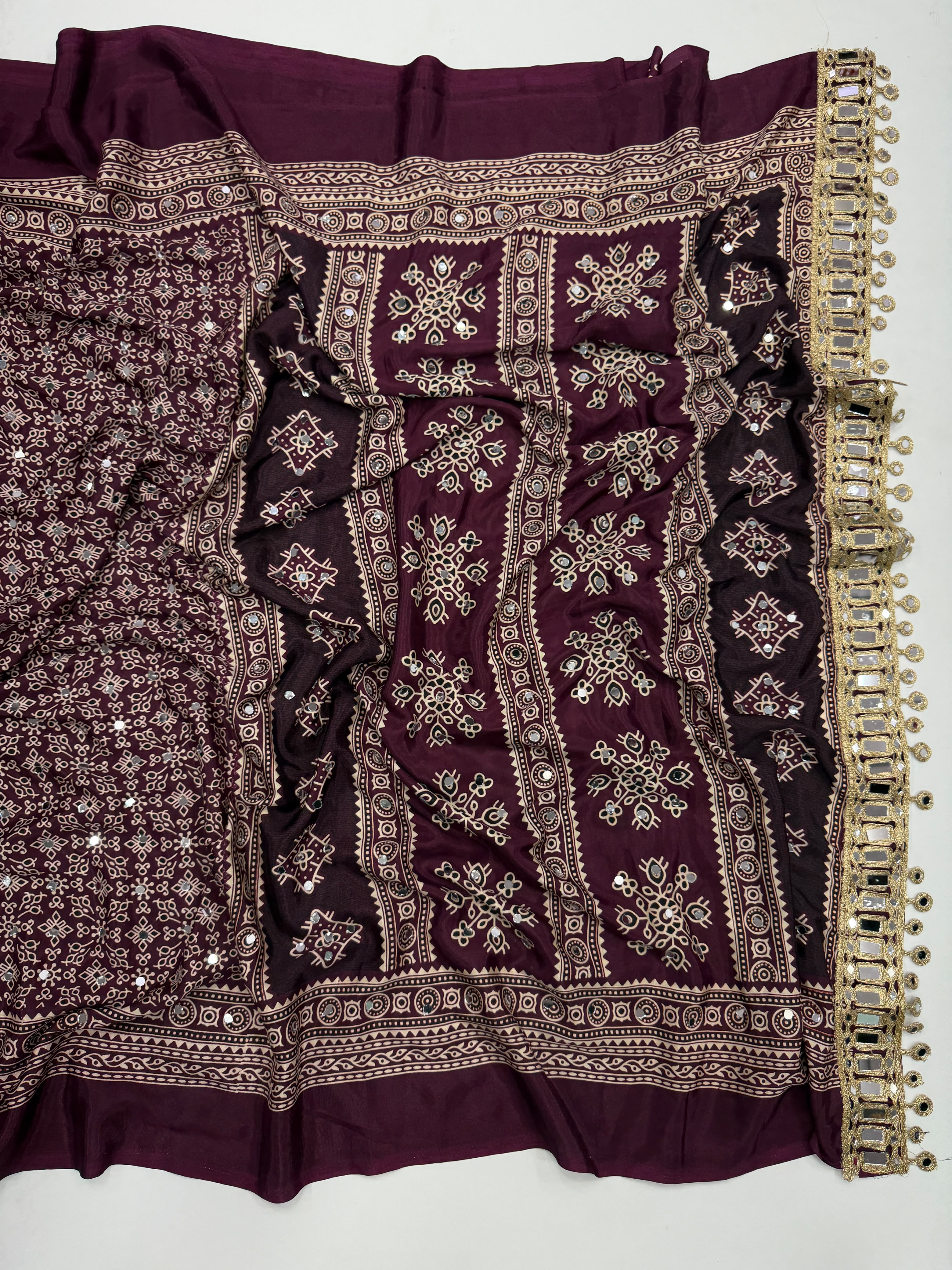 Exuberant Party Wear Pure Satin Silk Ajrak Printed Rich Pallu n Original Mirror Work Fancy Saree With Blouse Piece