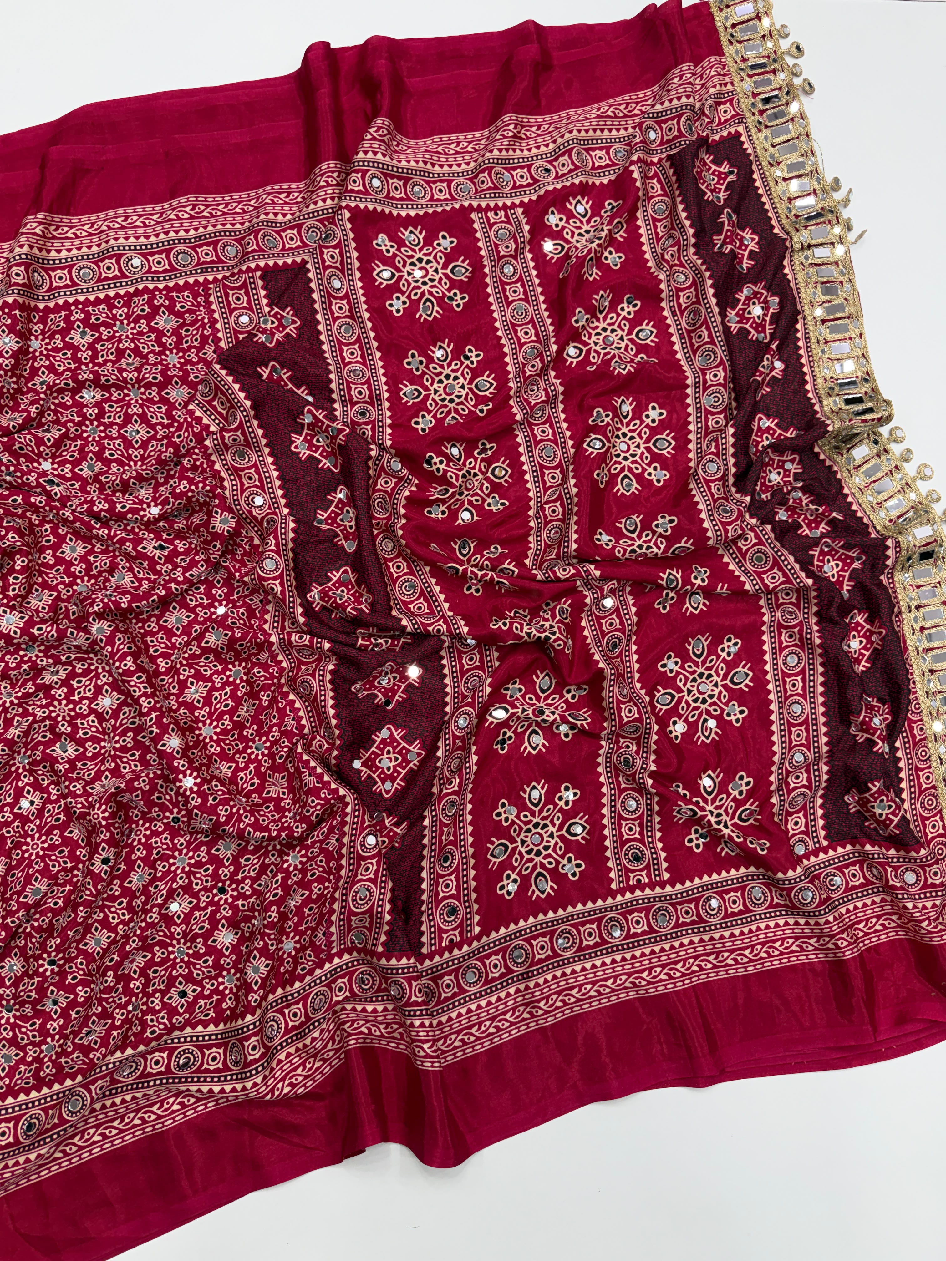 Exuberant Party Wear Pure Satin Silk Ajrak Printed Rich Pallu n Original Mirror Work Fancy Saree With Blouse Piece