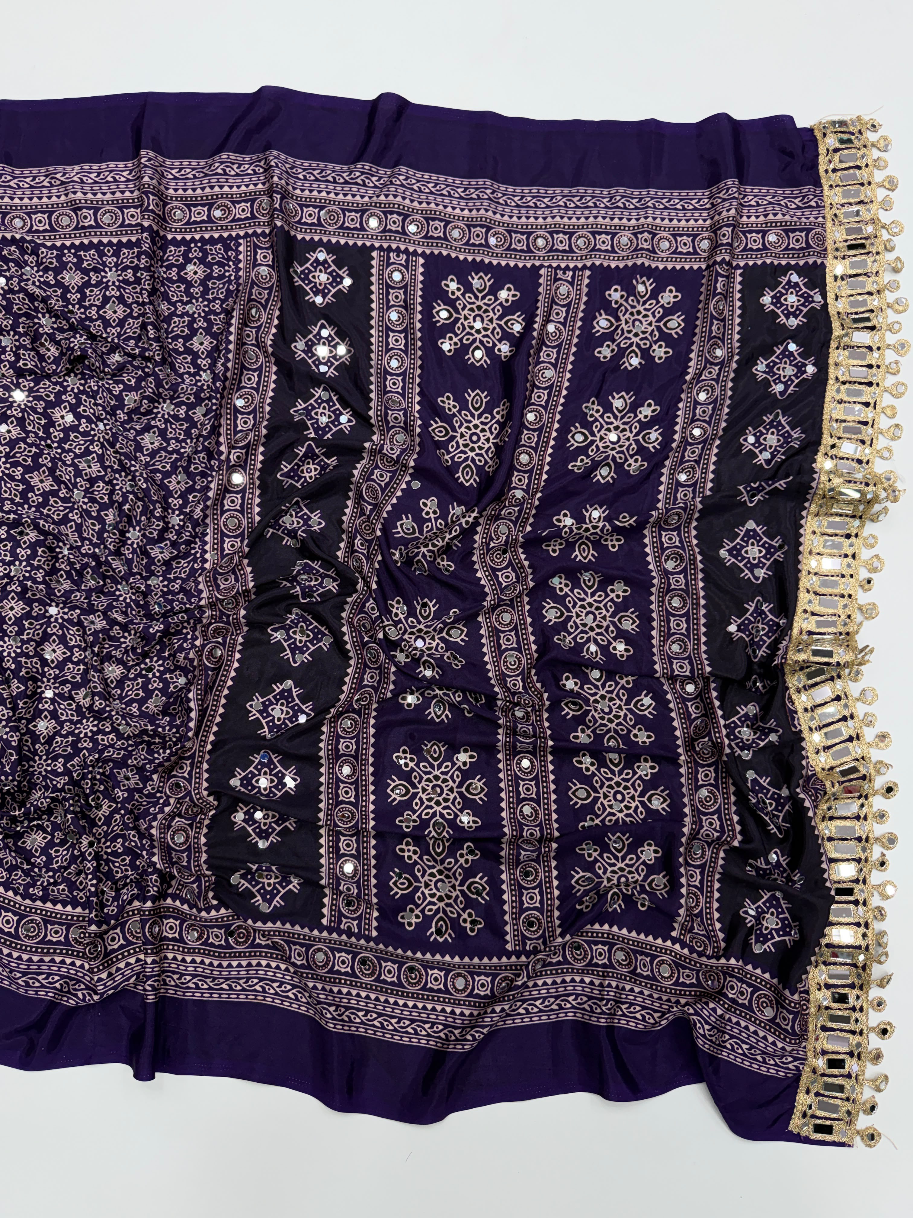 Exuberant Party Wear Pure Satin Silk Ajrak Printed Rich Pallu n Original Mirror Work Fancy Saree With Blouse Piece