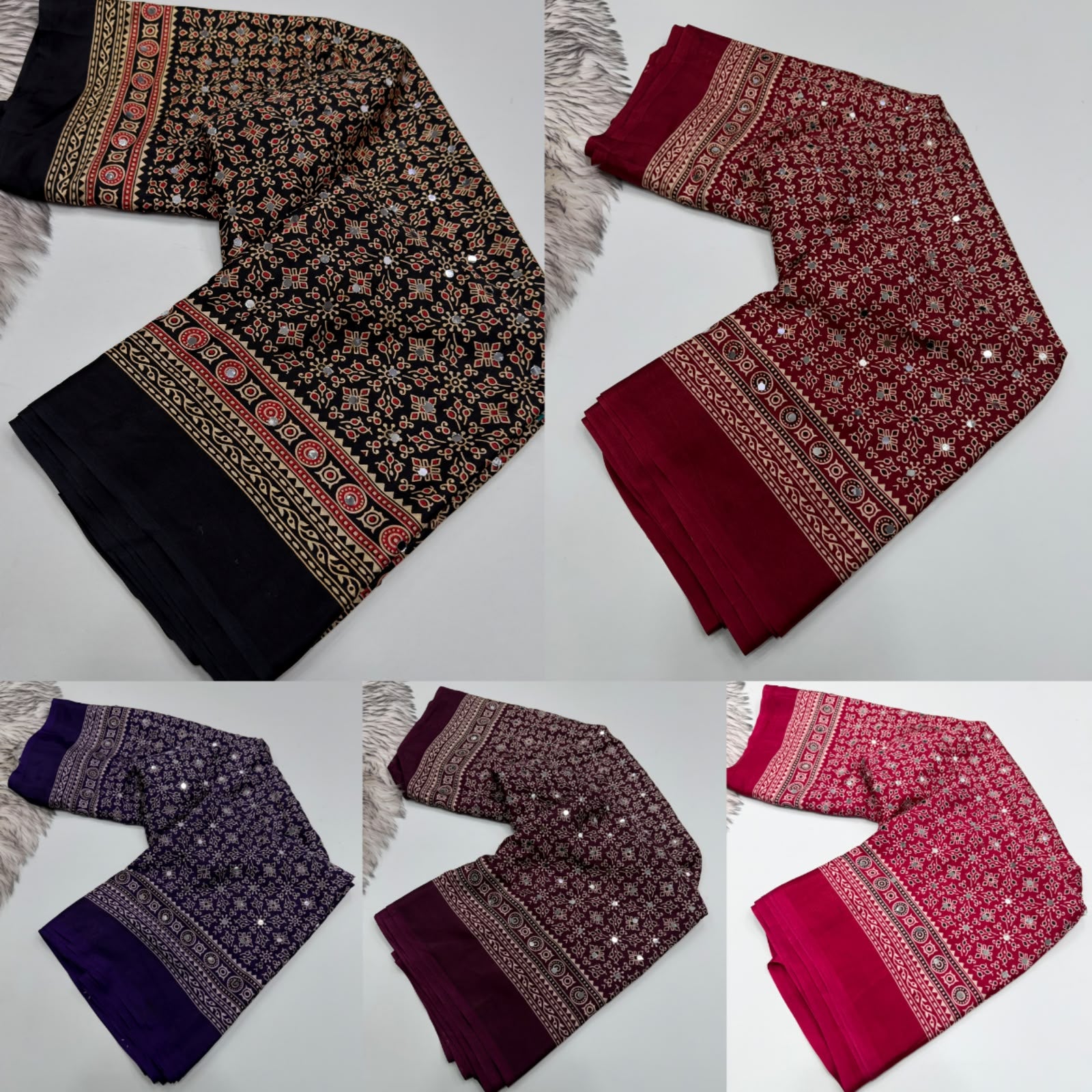 Exuberant Party Wear Pure Satin Silk Ajrak Printed Rich Pallu n Original Mirror Work Fancy Saree With Blouse Piece