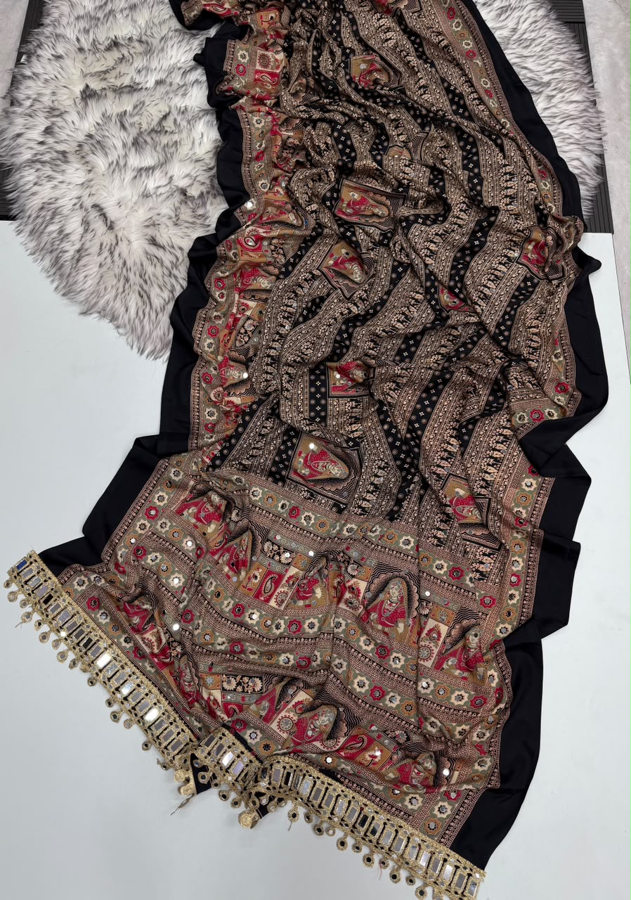 Marvellous Function Wear Pure Satin Silk Ajrak Printed Rich Pallu n Mirror Work Designer Saree With Blouse Piece